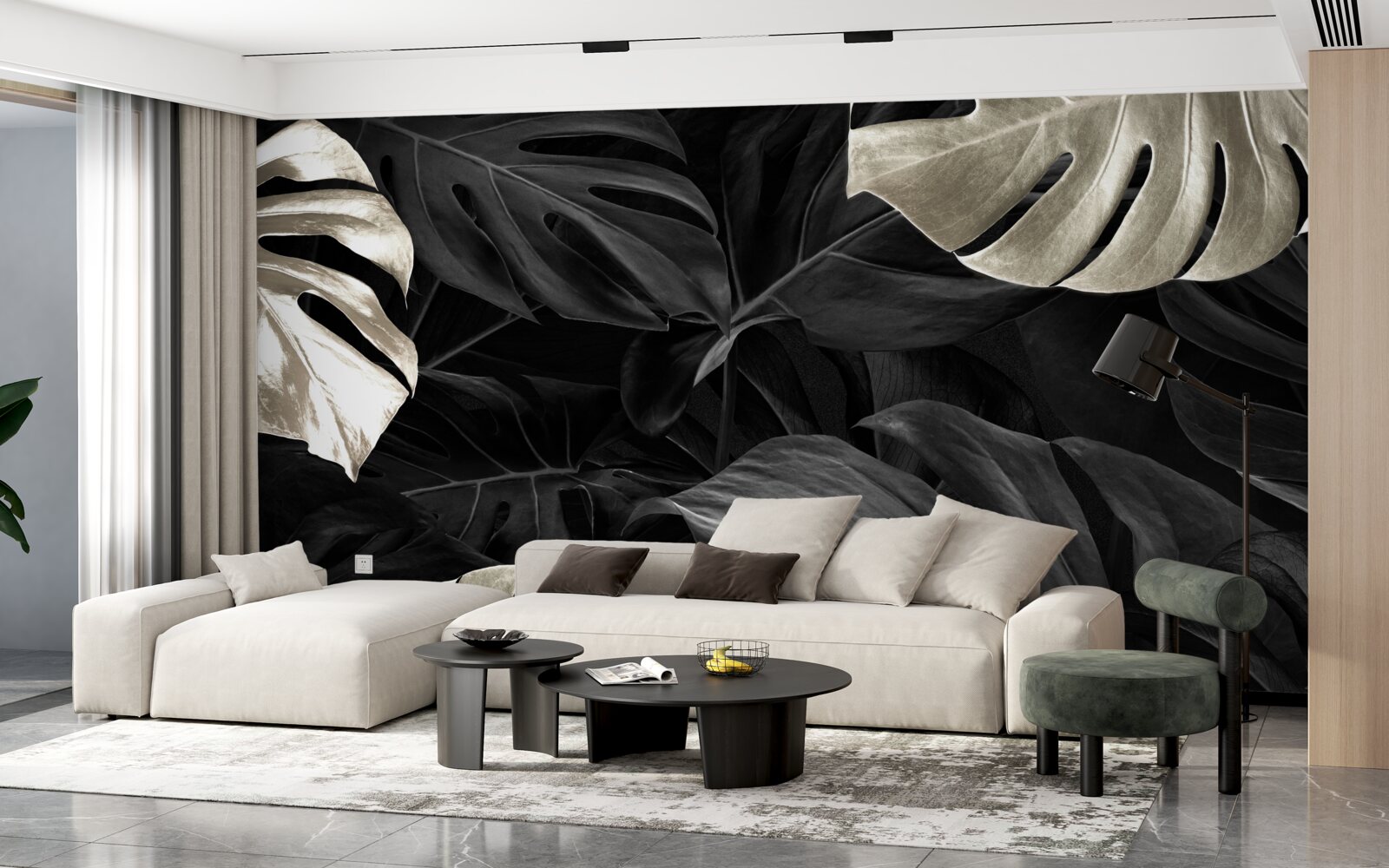 Fototapeta Śnieżnobiałe liście monstery na czarnym tle