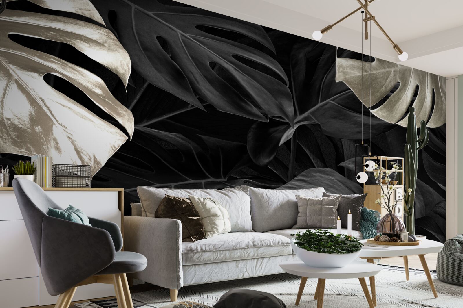 Fototapeta Śnieżnobiałe liście monstery na czarnym tle