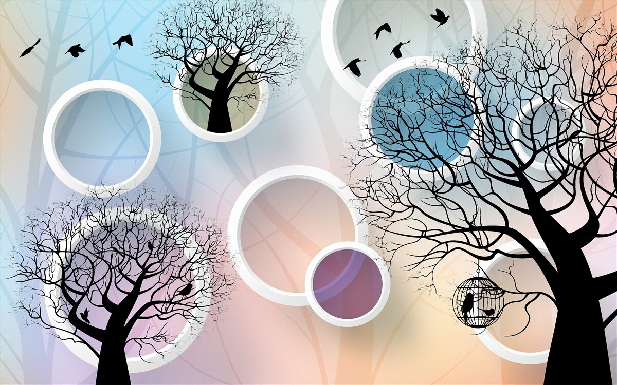 Fototapeta duże farby przedstawiające wielokolorowe drzewa i białe kółka