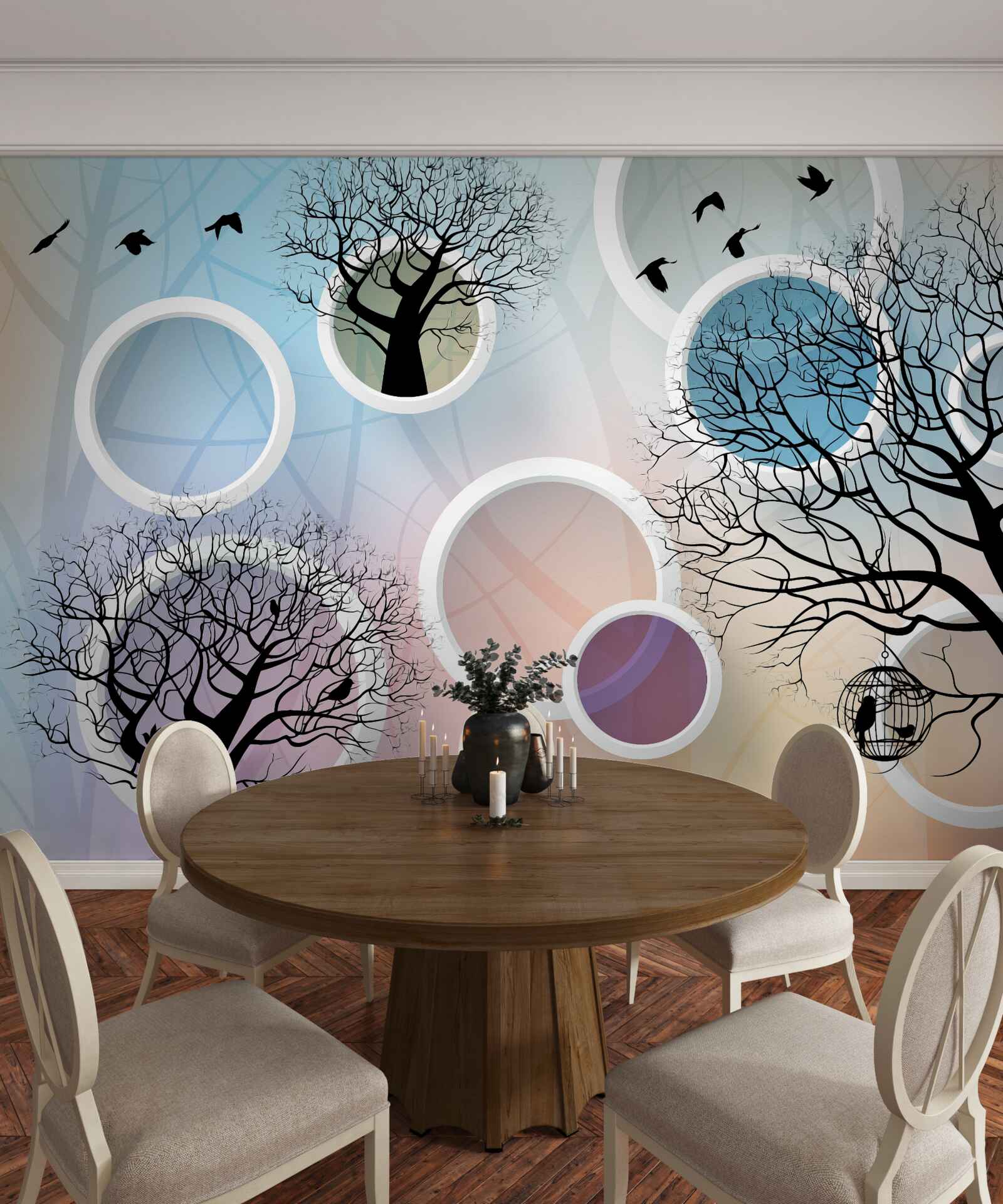 Fototapeta duże farby przedstawiające wielokolorowe drzewa i białe kółka