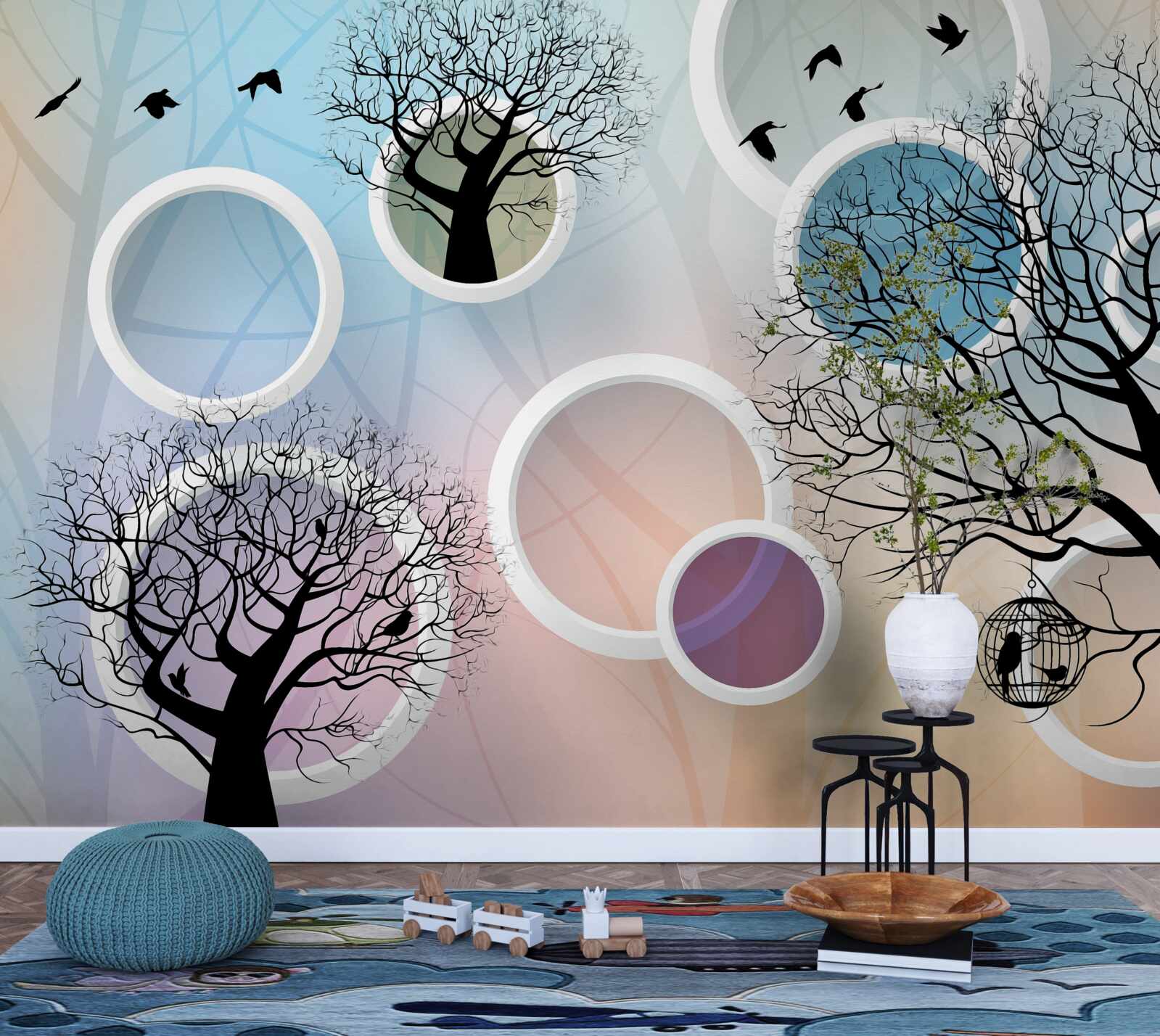 Fototapeta duże farby przedstawiające wielokolorowe drzewa i białe kółka