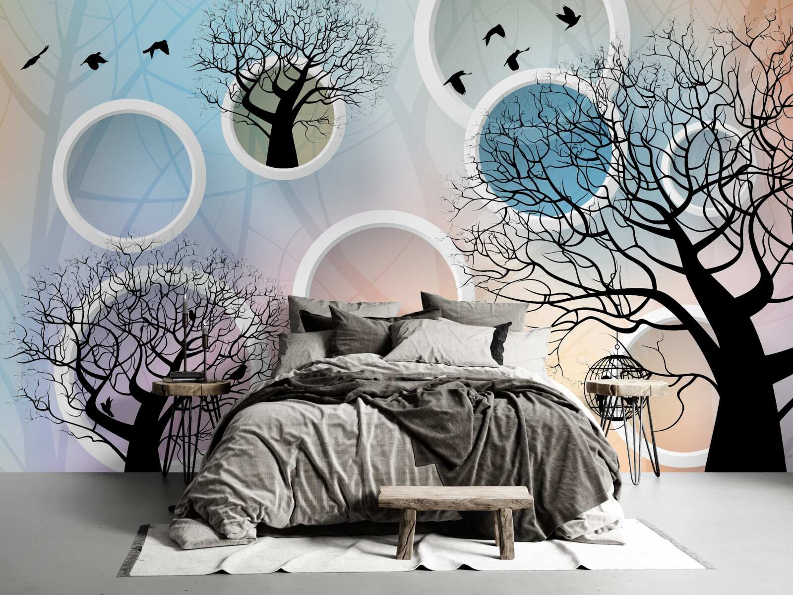 Fototapeta duże farby przedstawiające wielokolorowe drzewa i białe kółka