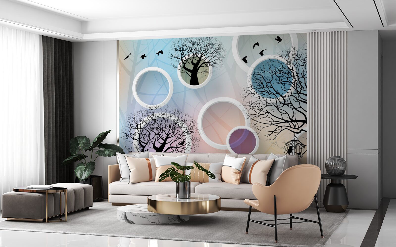 Fototapeta duże farby przedstawiające wielokolorowe drzewa i białe kółka