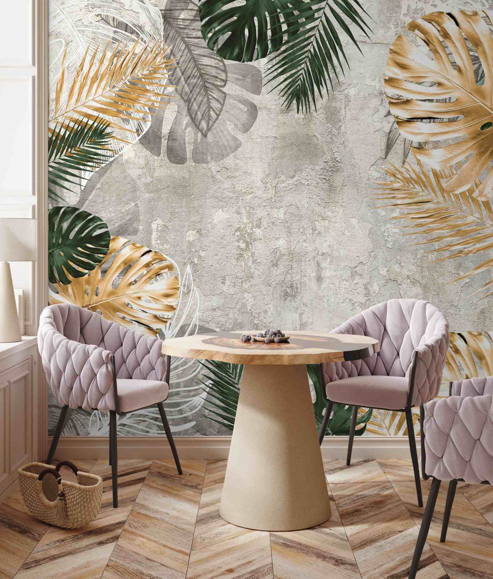 Fototapeta monstera ze złotymi i zielonymi liśćmi