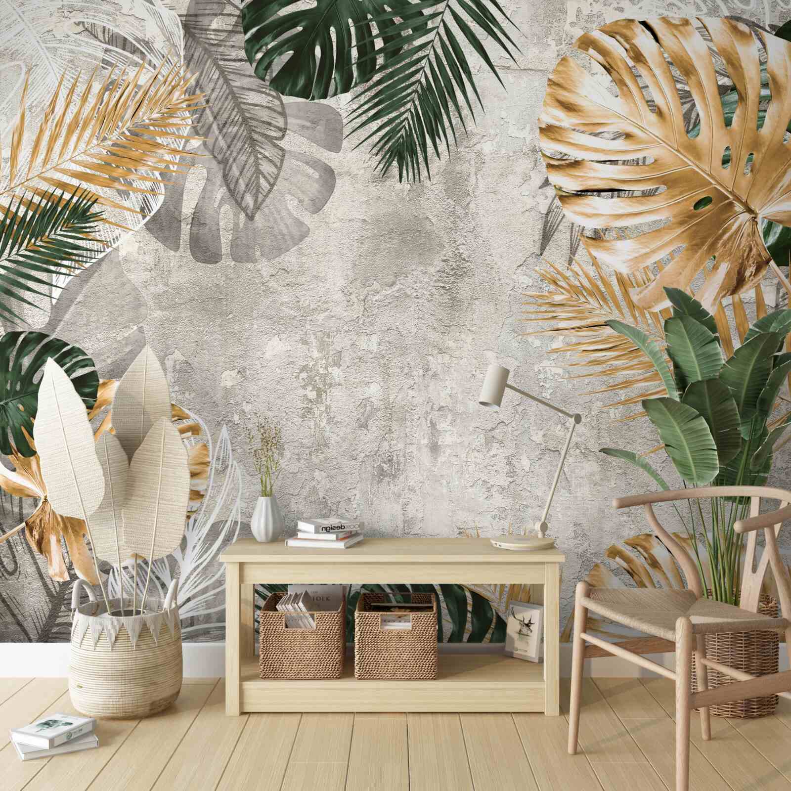 Fototapeta monstera ze złotymi i zielonymi liśćmi