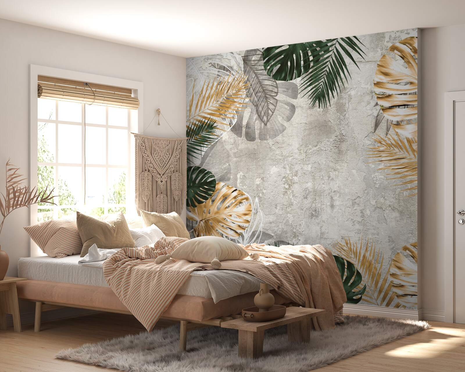 Fototapeta monstera ze złotymi i zielonymi liśćmi