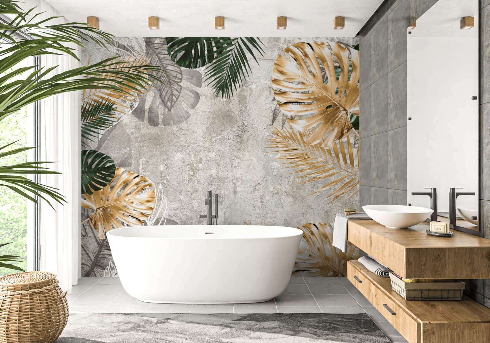 Fototapeta monstera ze złotymi i zielonymi liśćmi