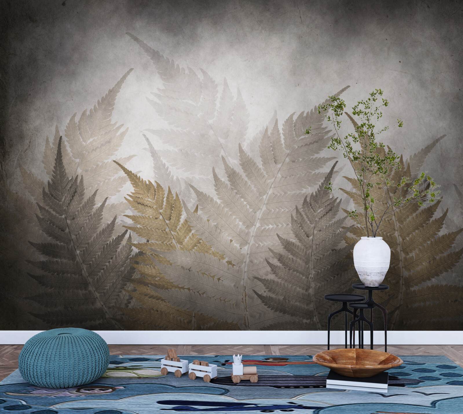 Fototapeta liście paproci spowite mgłą w lesie