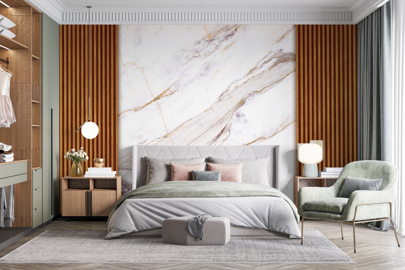 Fototapeta drewno zdobione białym marmurem