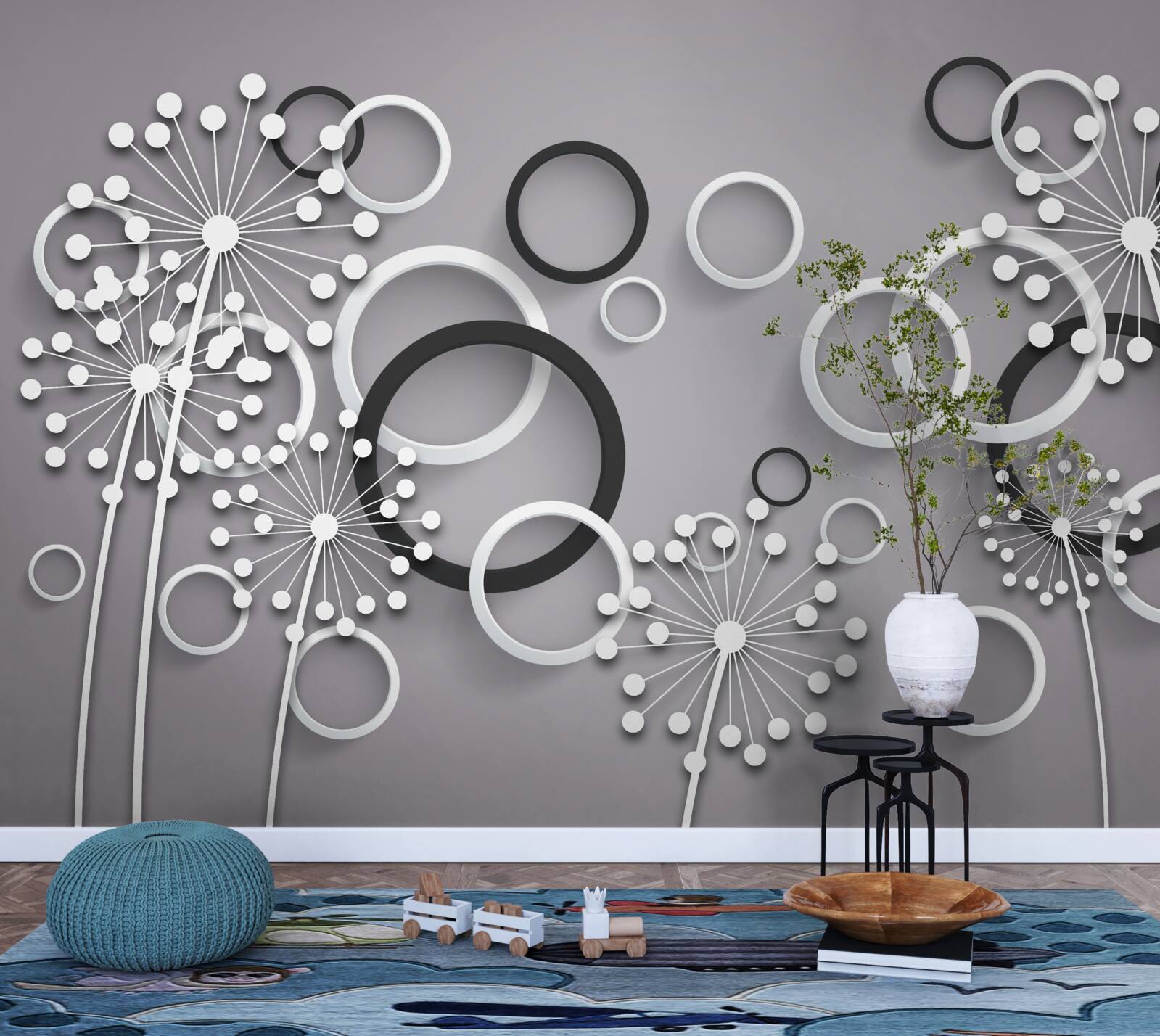 Fototapeta szare kółka i mlecze