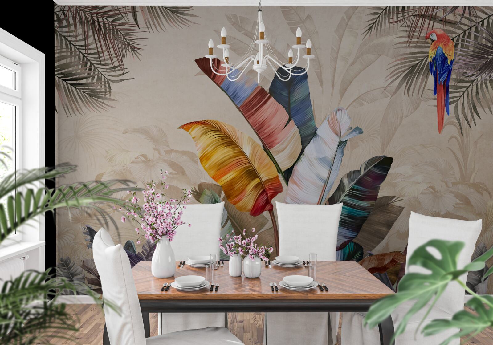 Fototapeta liście tropikalne w bogatych kolorach i papuga