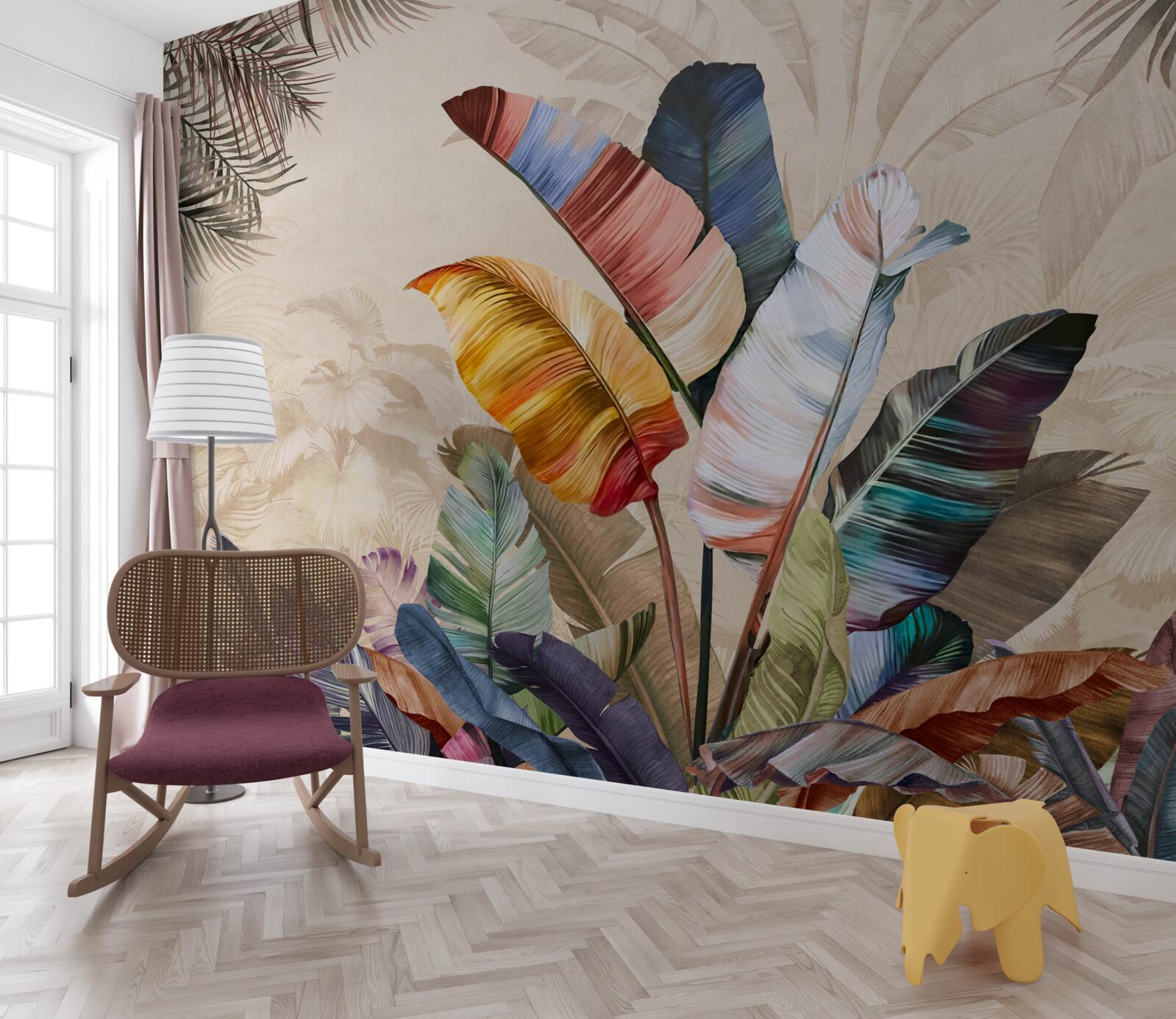 Fototapeta liście tropikalne w bogatych kolorach i papuga