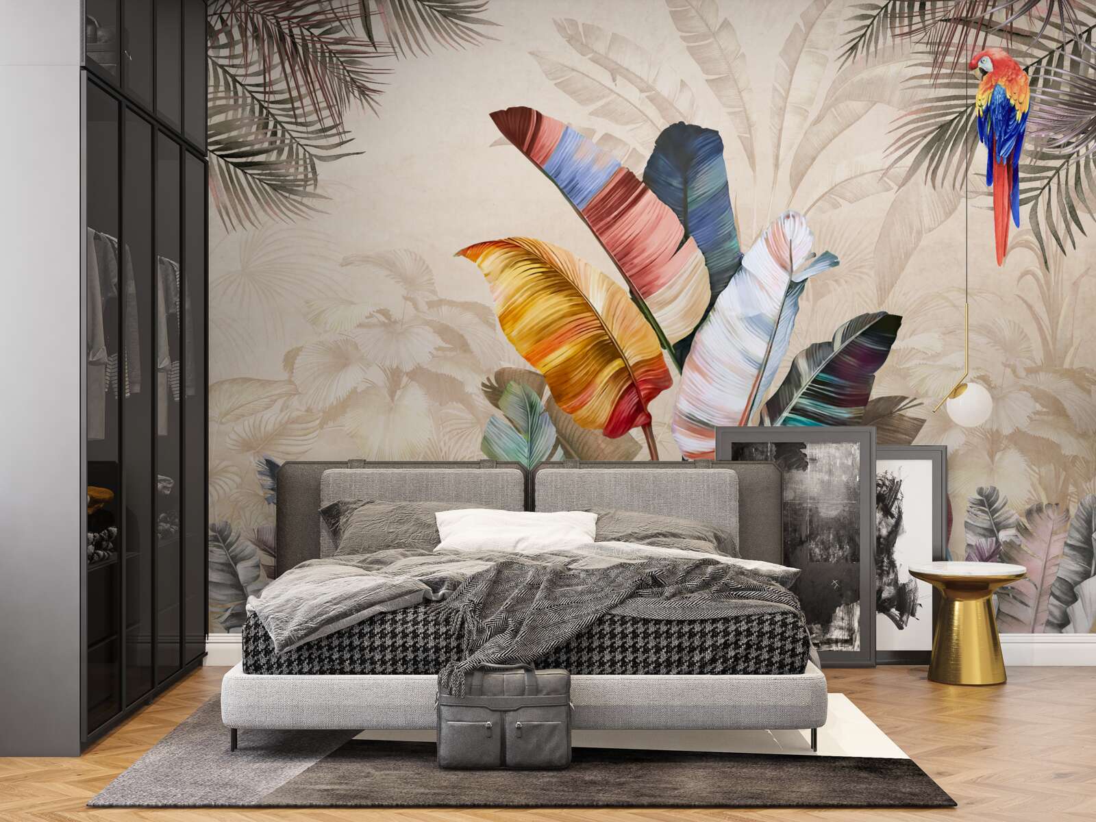 Fototapeta liście tropikalne w bogatych kolorach i papuga