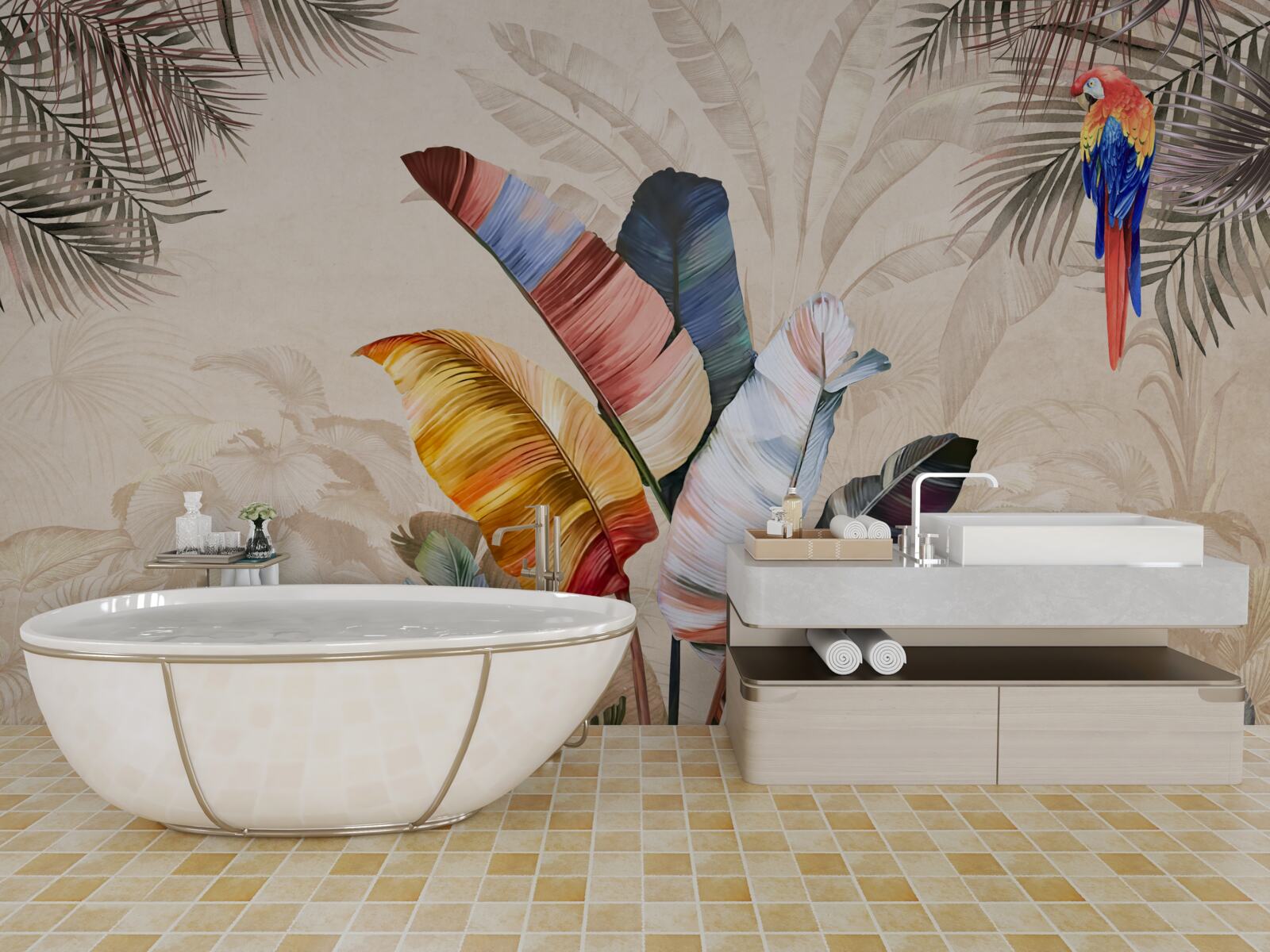 Fototapeta liście tropikalne w bogatych kolorach i papuga