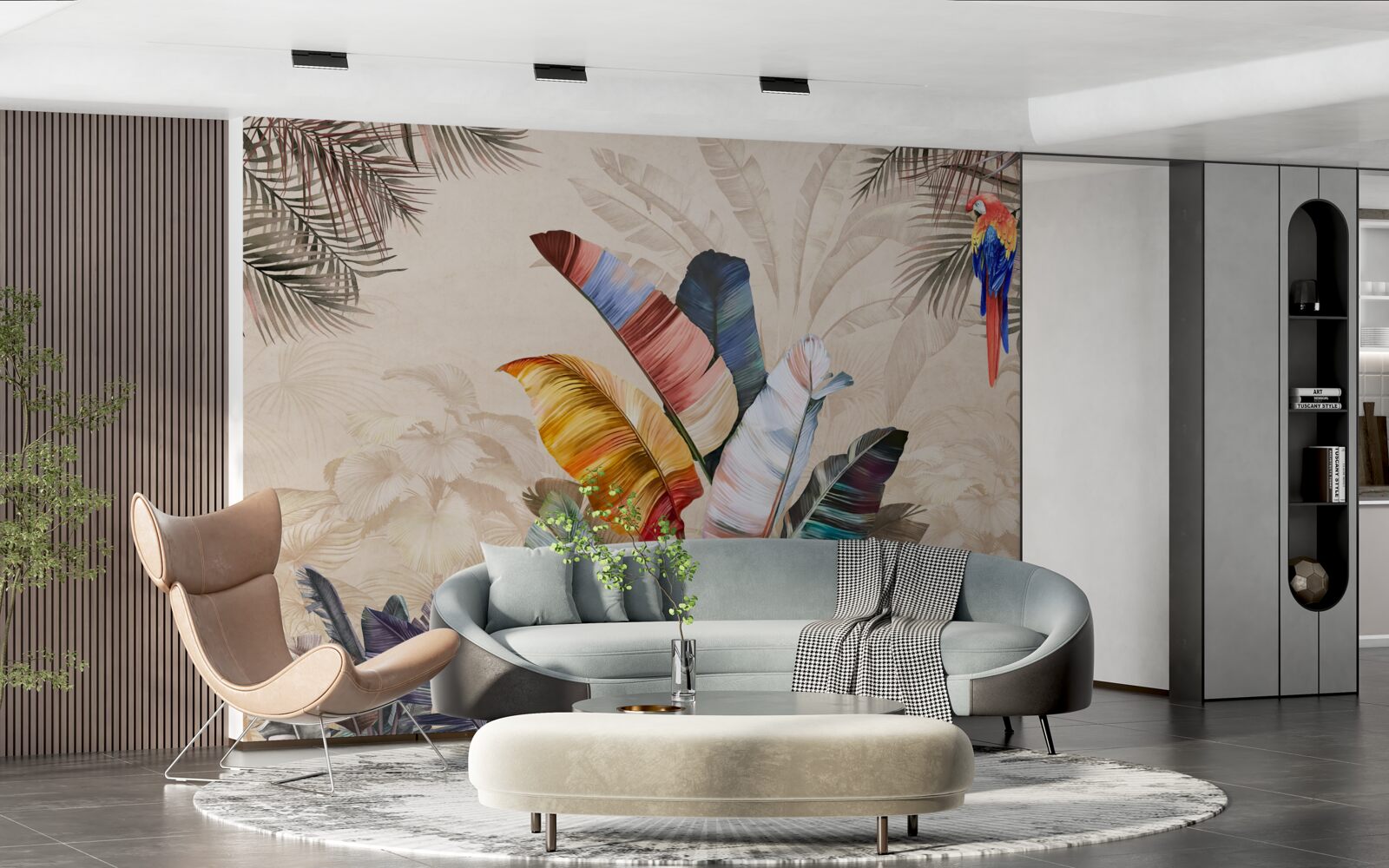 Fototapeta liście tropikalne w bogatych kolorach i papuga