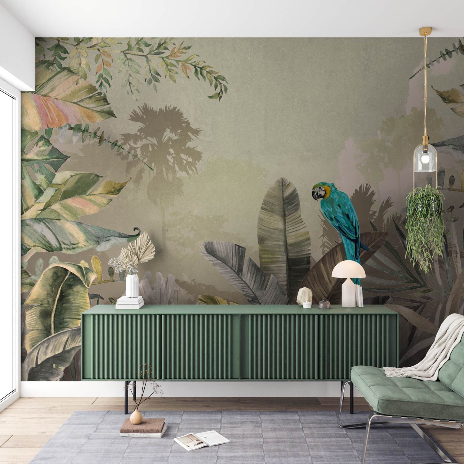 Fototapeta jasna papuga wśród tropikalnej zieleni