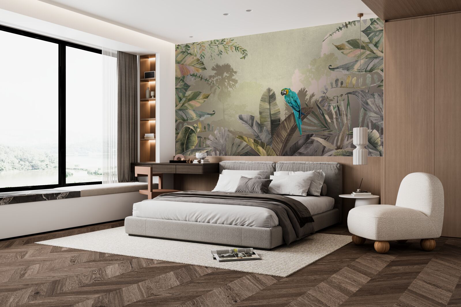 Fototapeta jasna papuga wśród tropikalnej zieleni