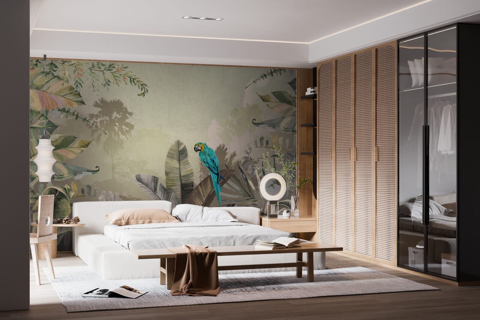 Fototapeta jasna papuga wśród tropikalnej zieleni