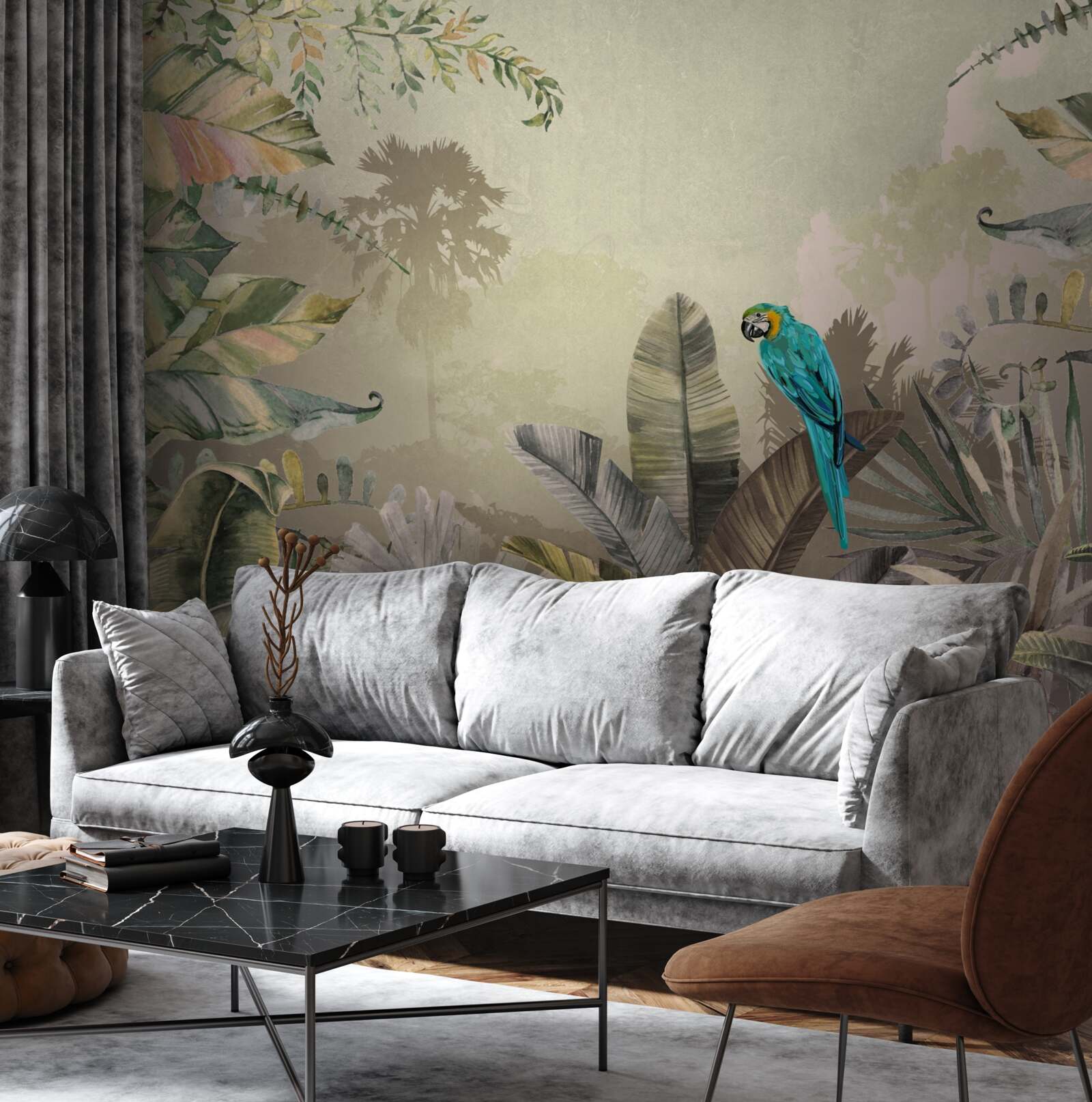 Fototapeta jasna papuga wśród tropikalnej zieleni