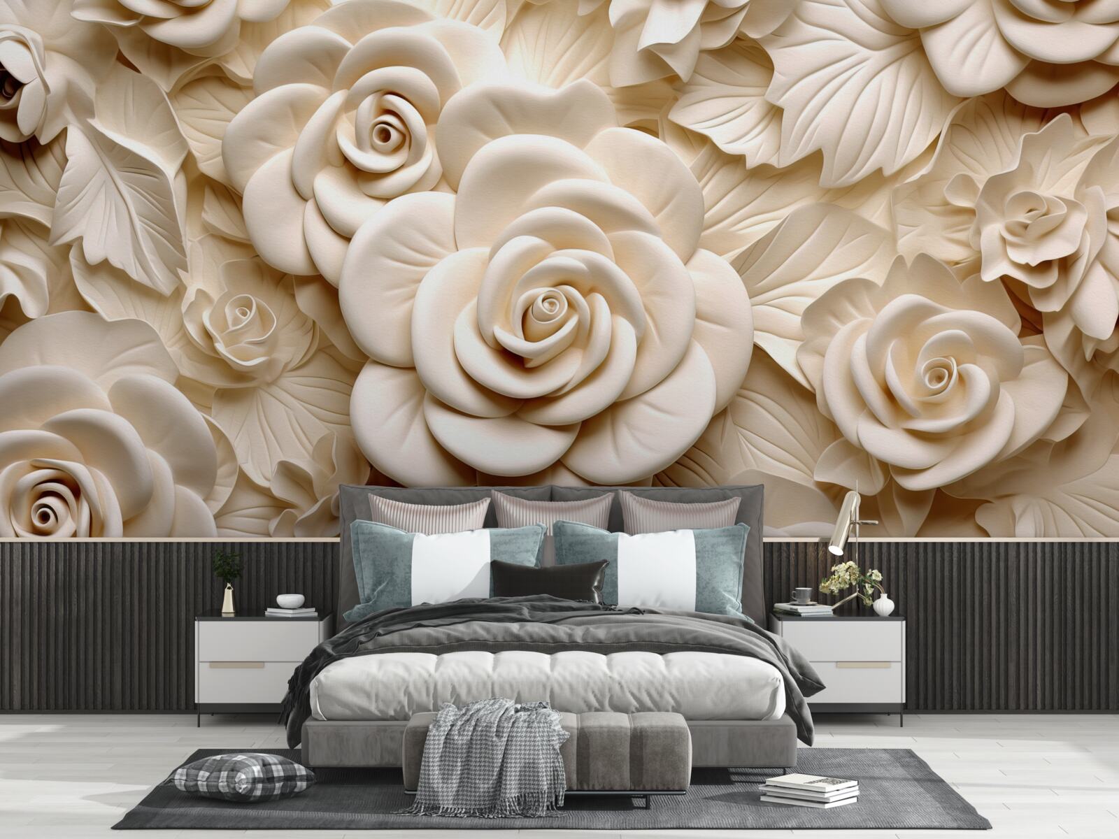 Fototapeta róże gipsowe o dużych rozmiarach w jasnych odcieniach