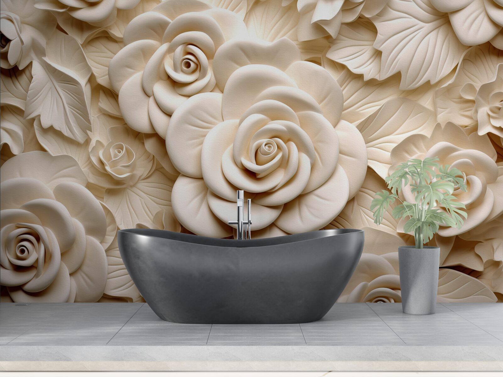 Fototapeta róże gipsowe o dużych rozmiarach w jasnych odcieniach