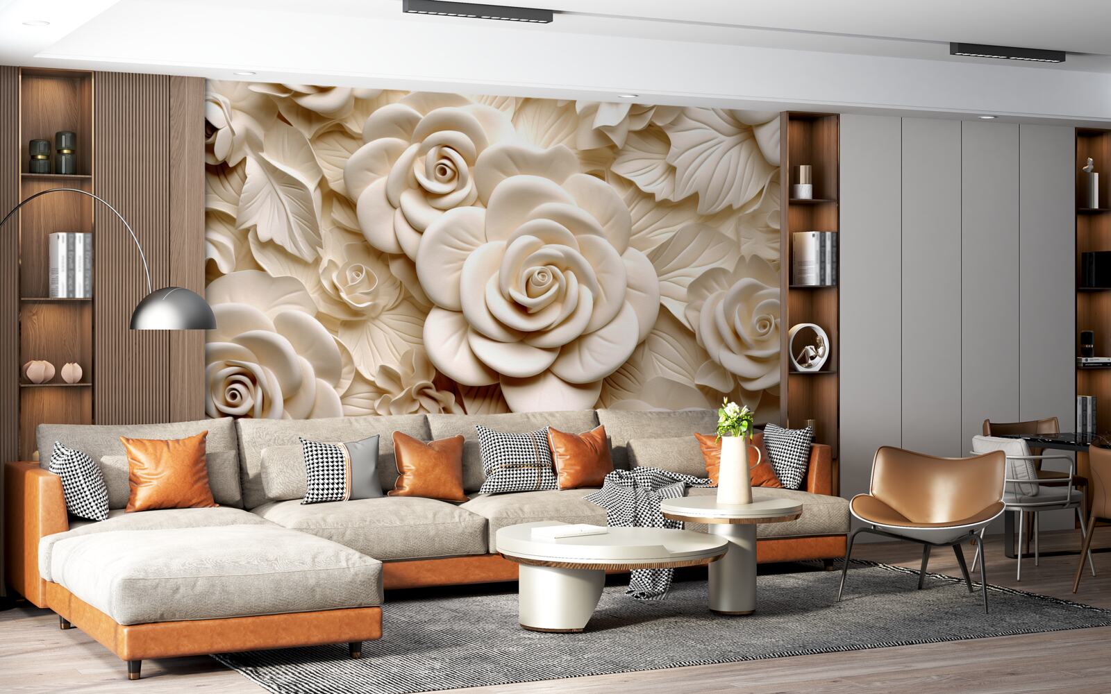 Fototapeta róże gipsowe o dużych rozmiarach w jasnych odcieniach