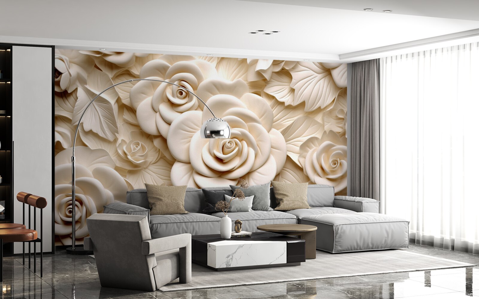 Fototapeta róże gipsowe o dużych rozmiarach w jasnych odcieniach