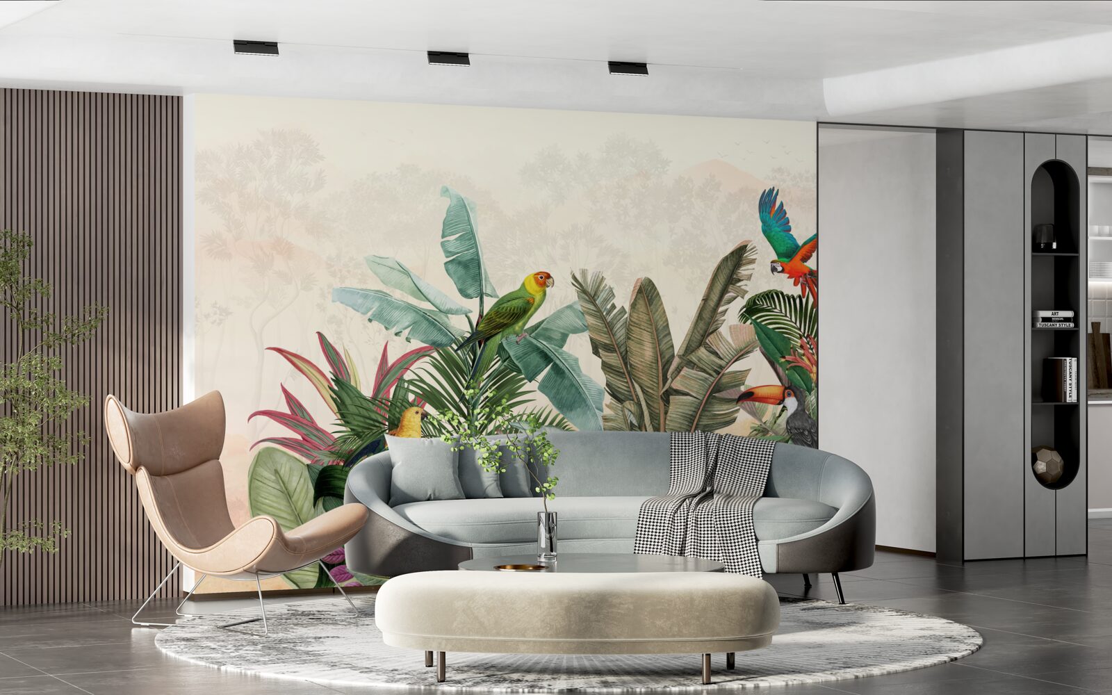 Fototapeta liście tropikalne ozdobione ptakami