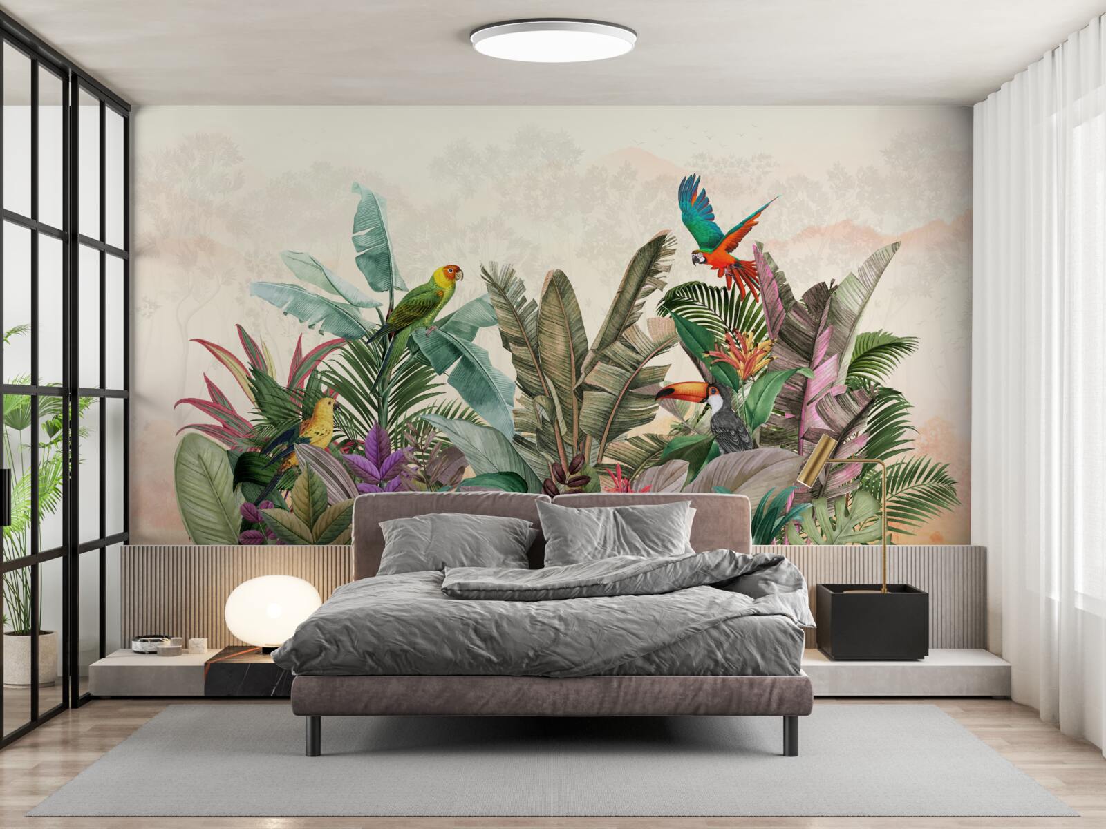 Fototapeta liście tropikalne ozdobione ptakami