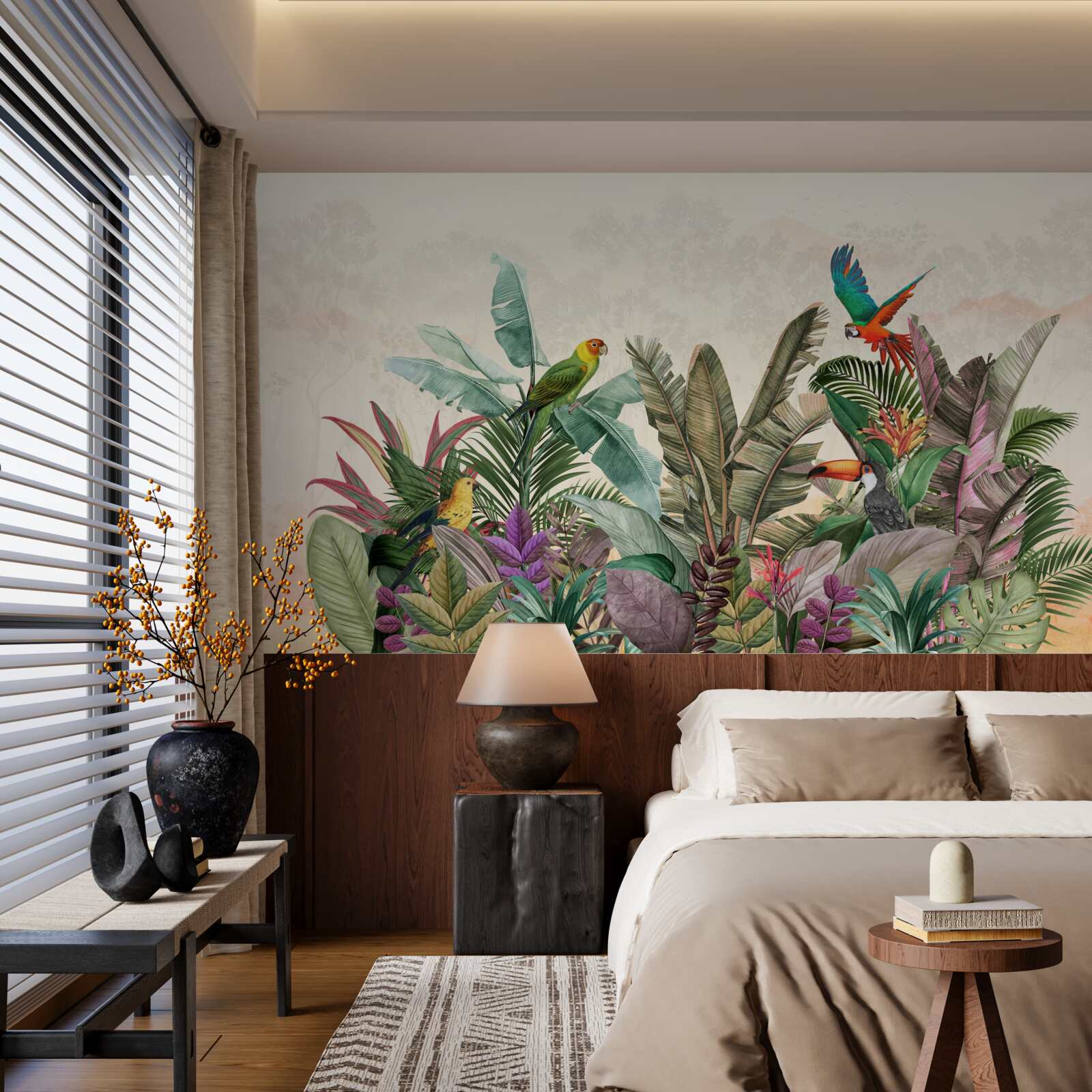 Fototapeta liście tropikalne ozdobione ptakami