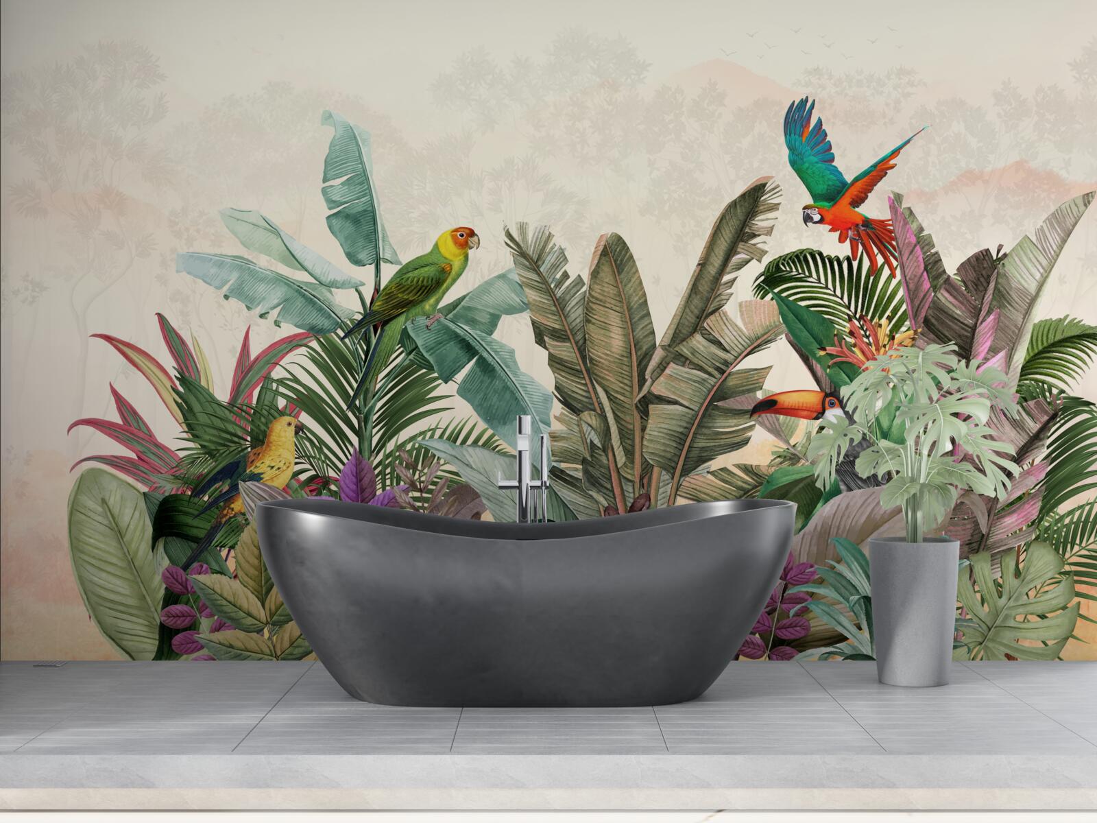 Fototapeta liście tropikalne ozdobione ptakami