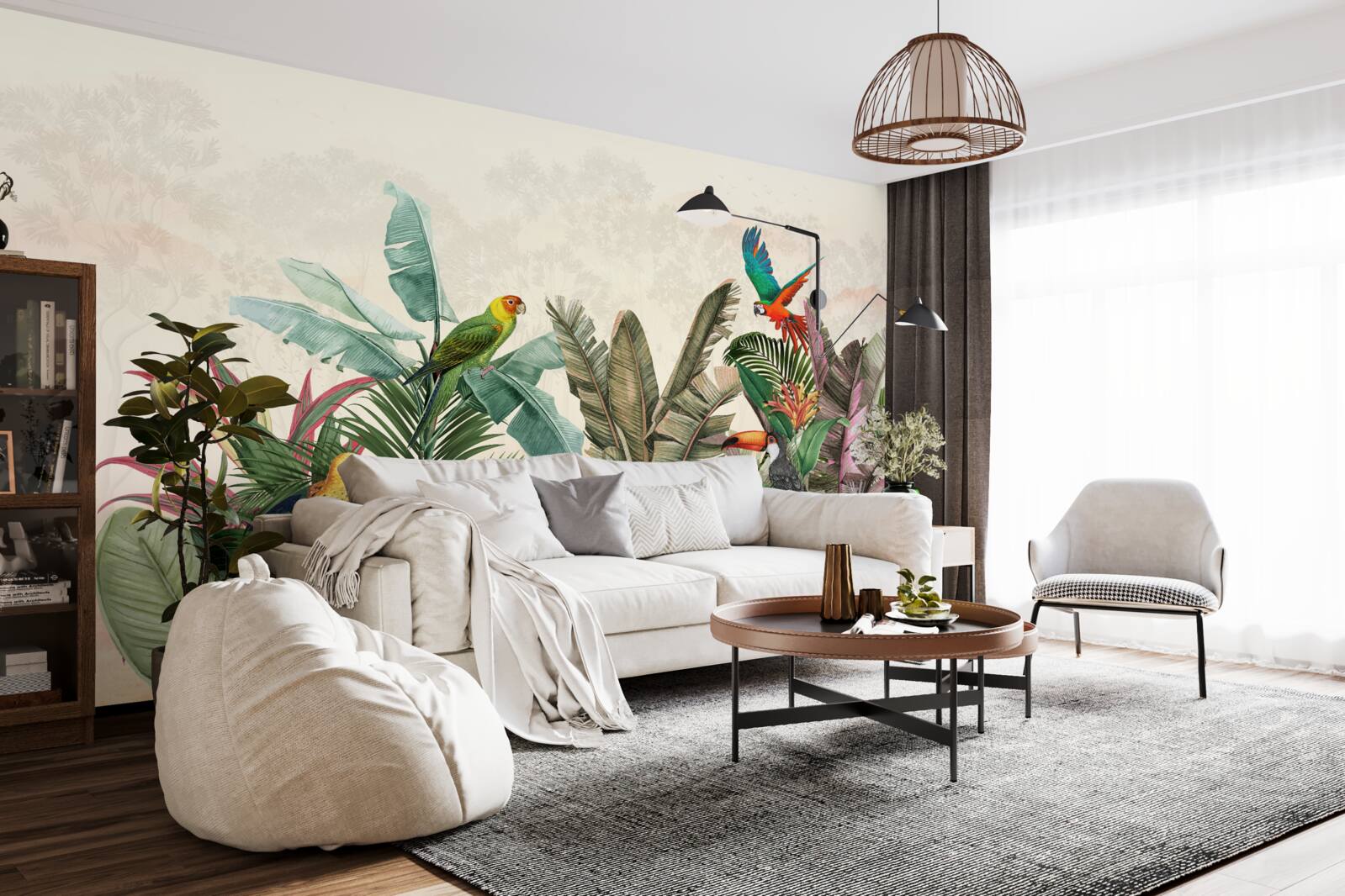 Fototapeta liście tropikalne ozdobione ptakami