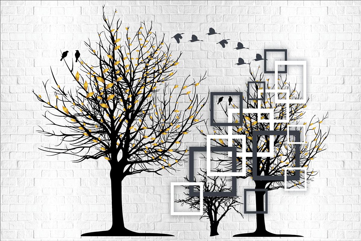 Fototapeta abstrakcja z drzewami i ścianą z cegieł