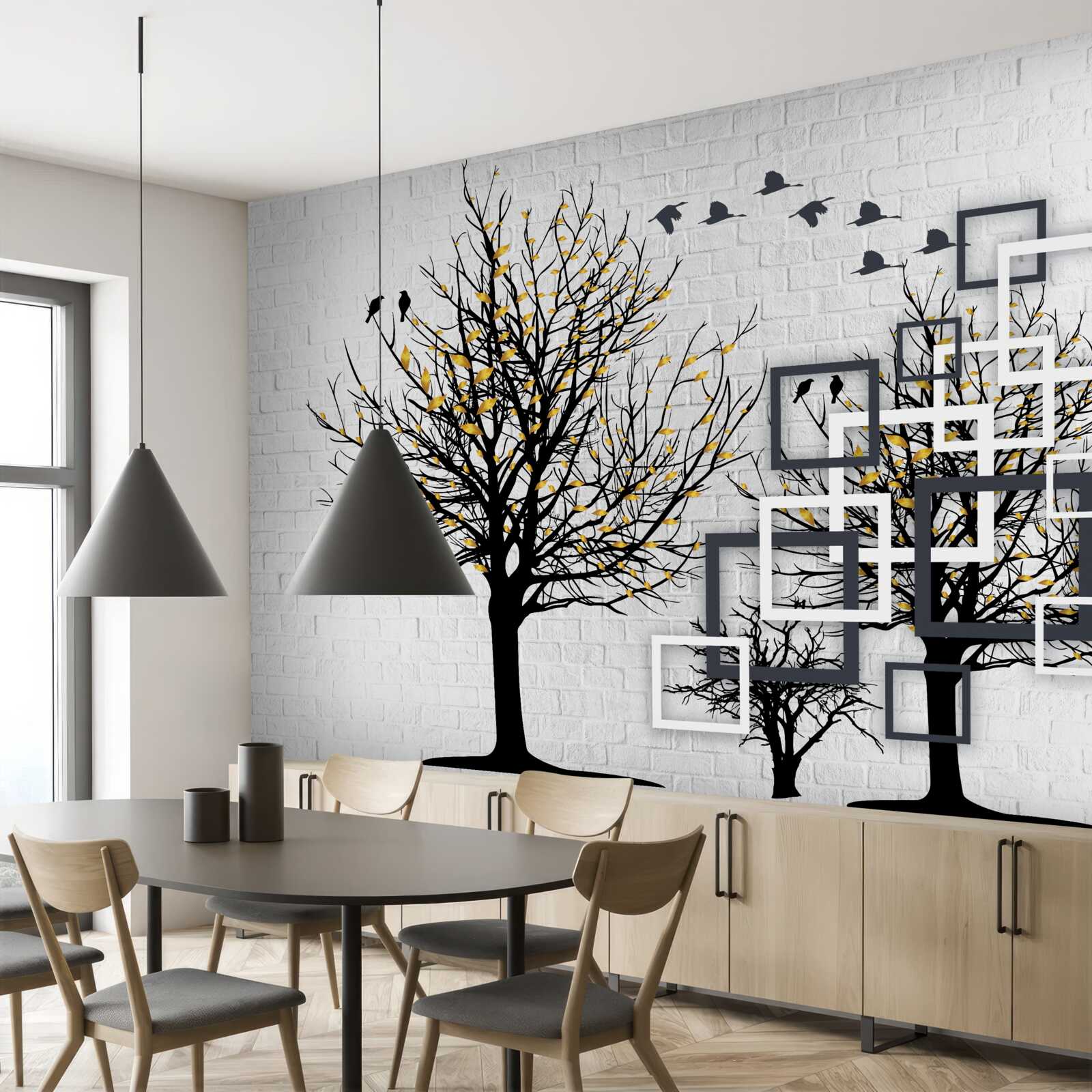 Fototapeta abstrakcja z drzewami i ścianą z cegieł