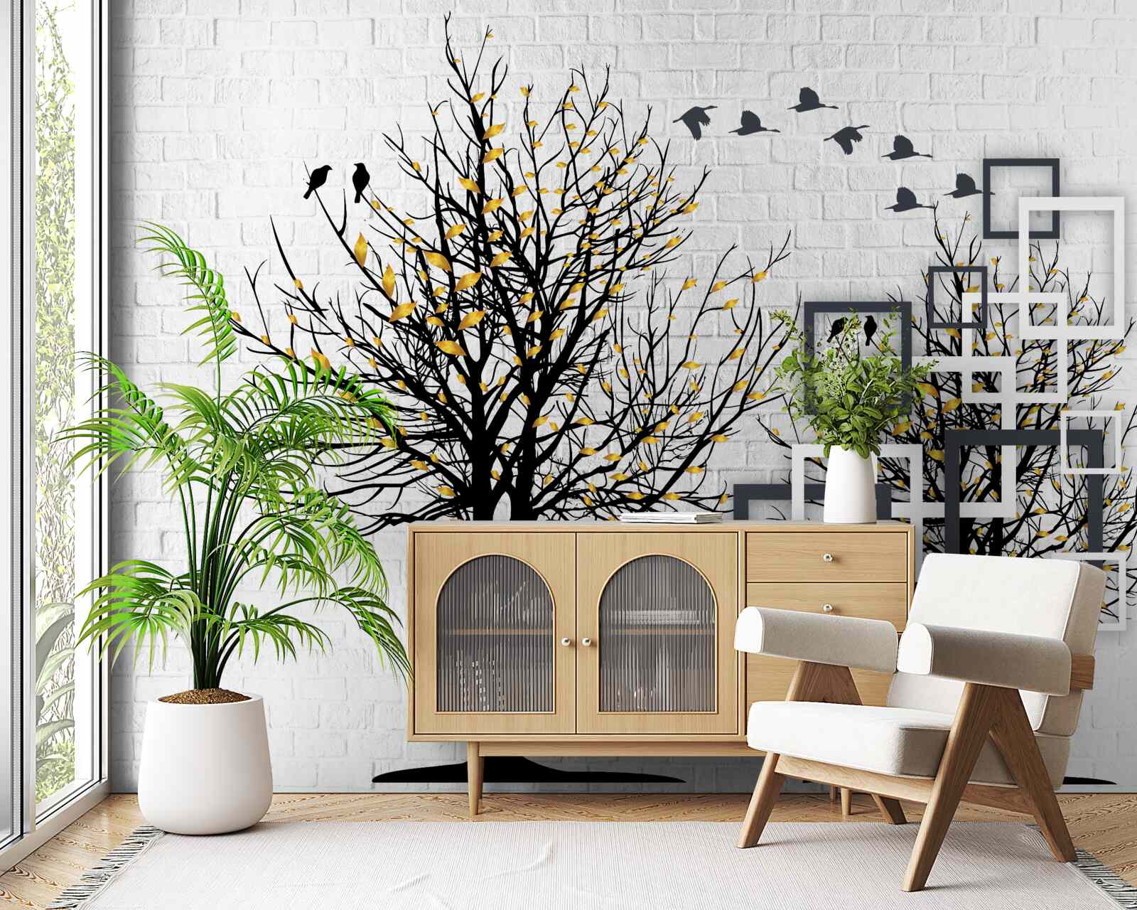 Fototapeta abstrakcja z drzewami i ścianą z cegieł