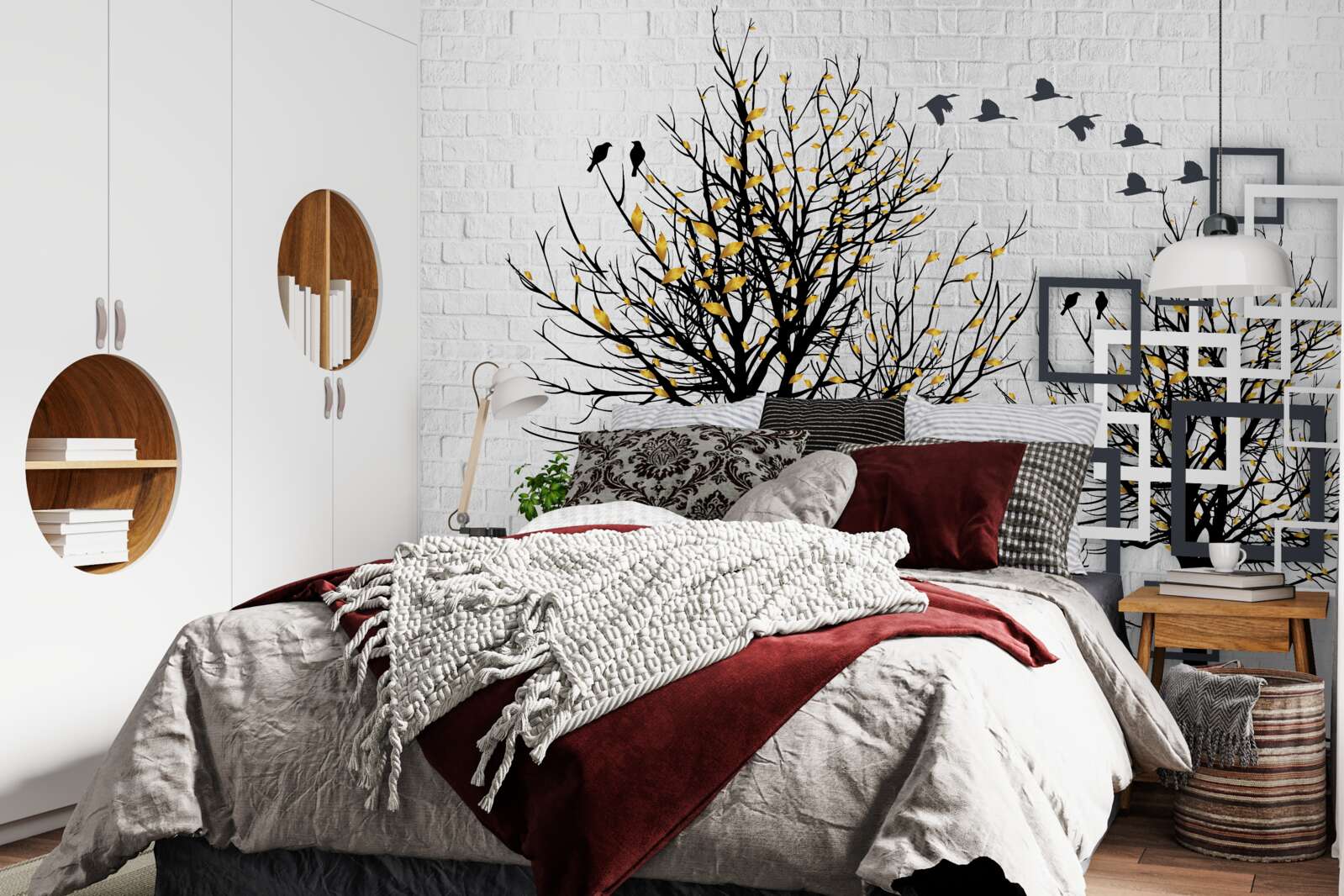 Fototapeta abstrakcja z drzewami i ścianą z cegieł