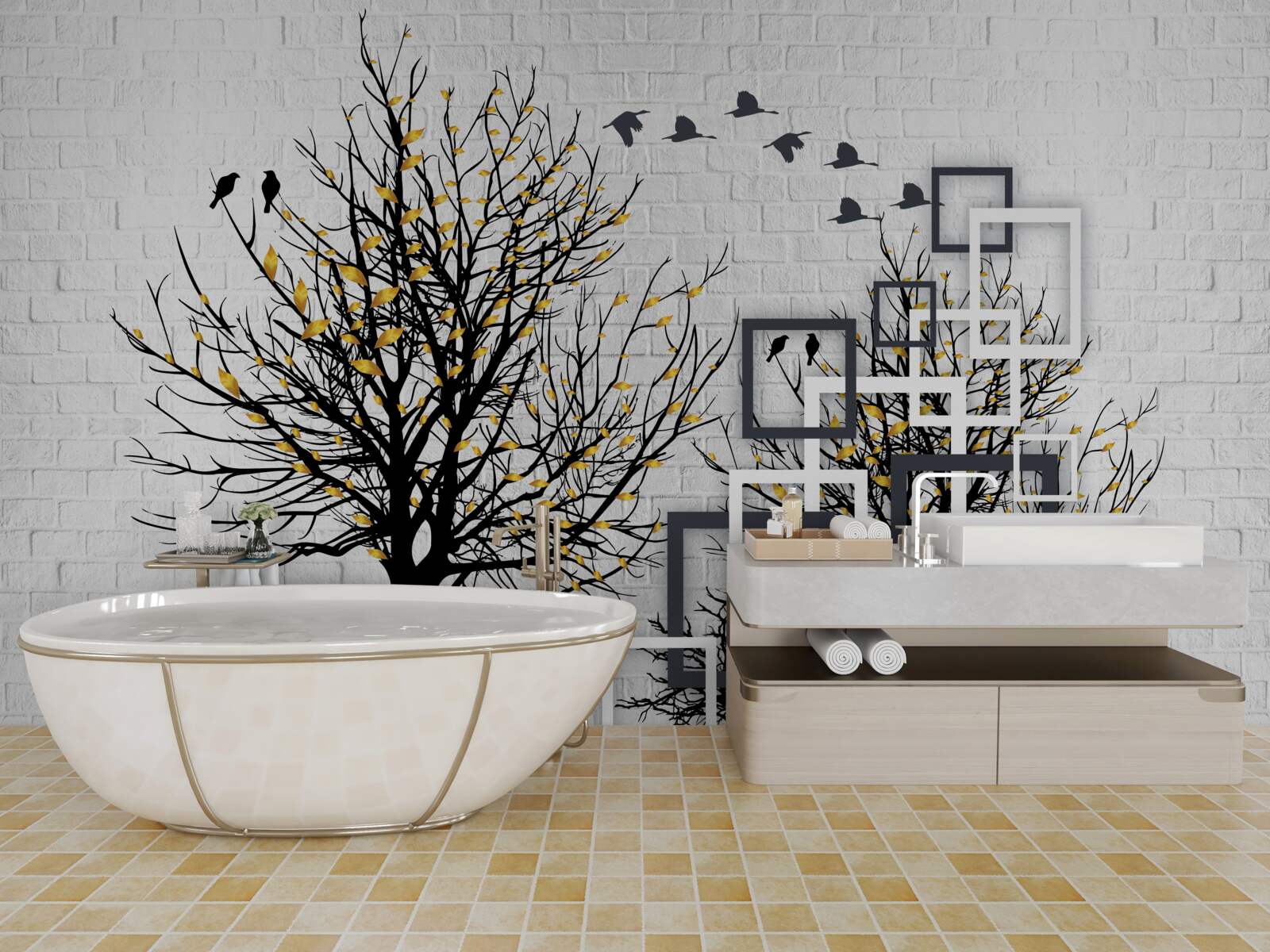 Fototapeta abstrakcja z drzewami i ścianą z cegieł