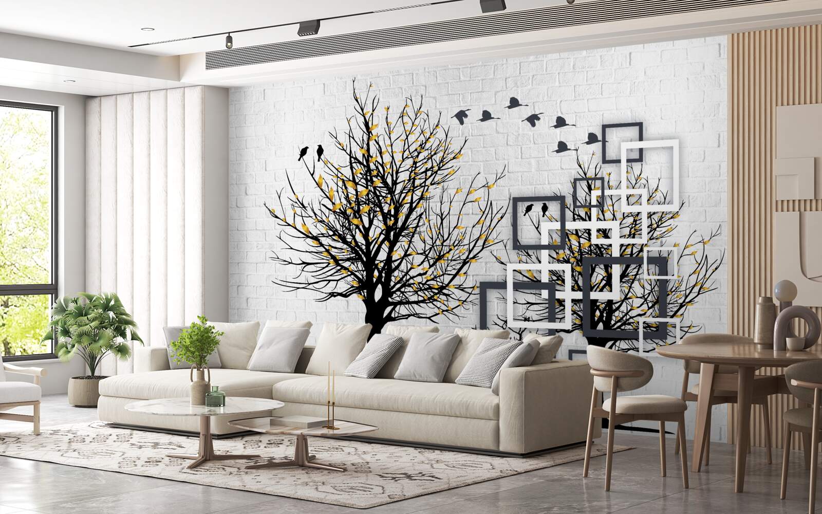 Fototapeta abstrakcja z drzewami i ścianą z cegieł