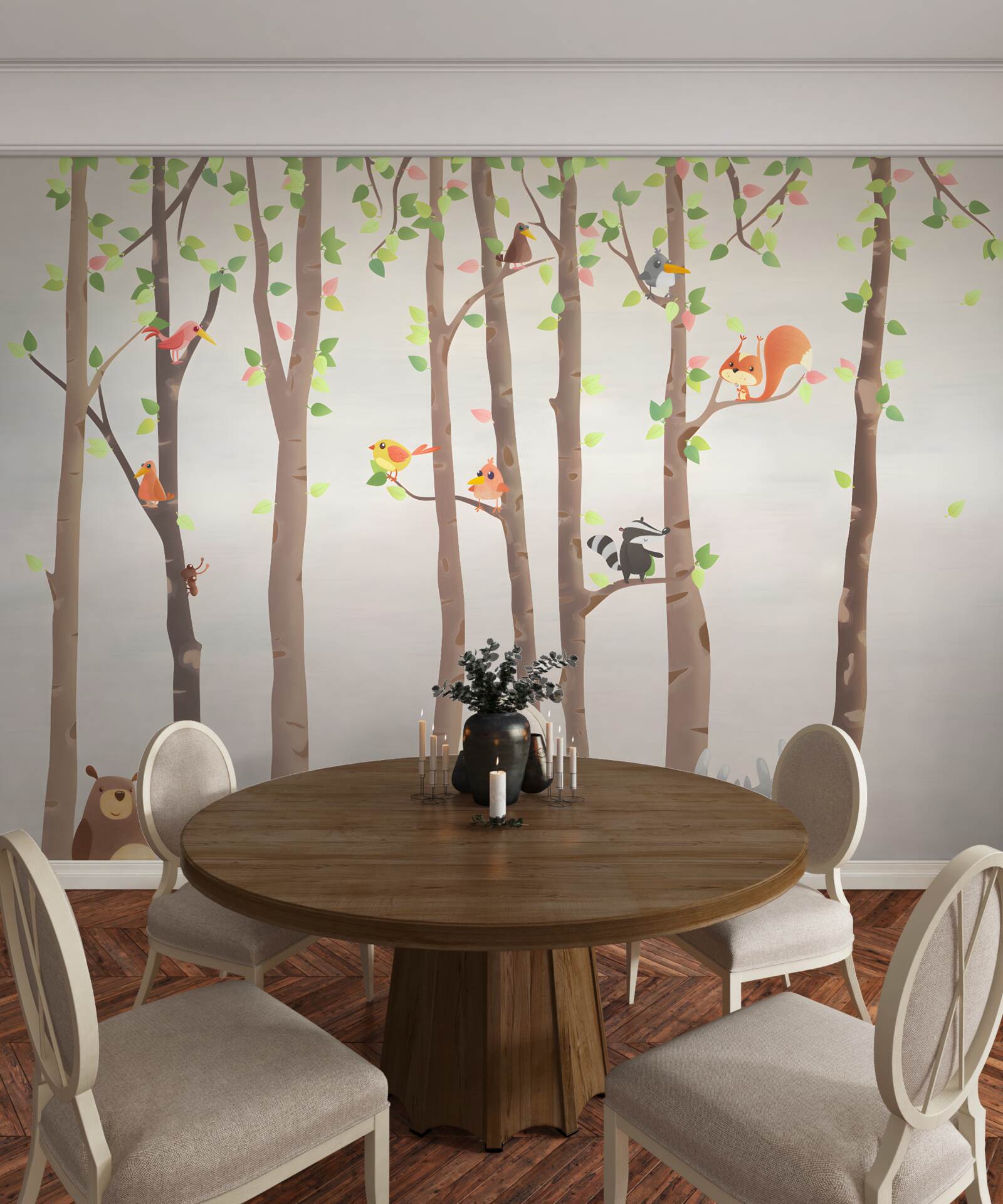 Fototapeta wysokie drzewa z mieszkańcami lasu