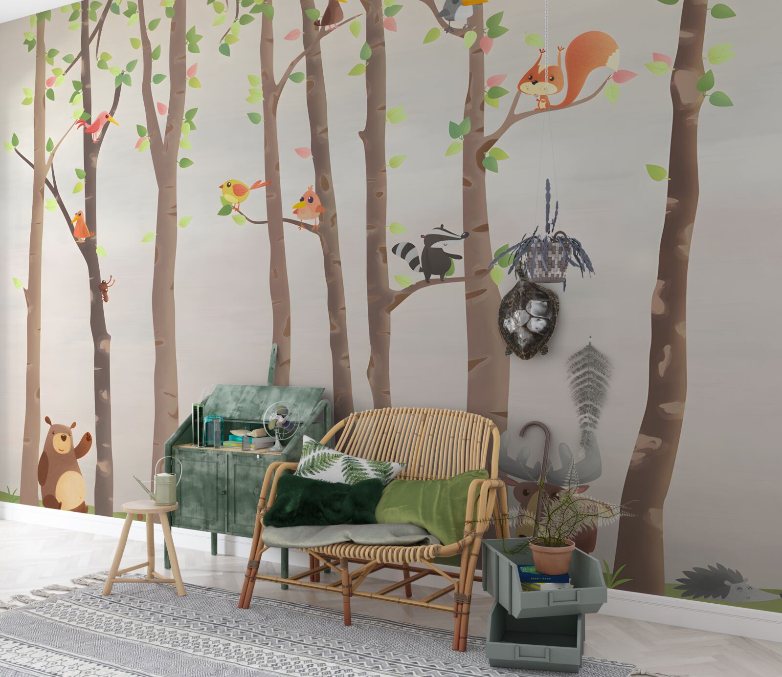 Fototapeta wysokie drzewa z mieszkańcami lasu