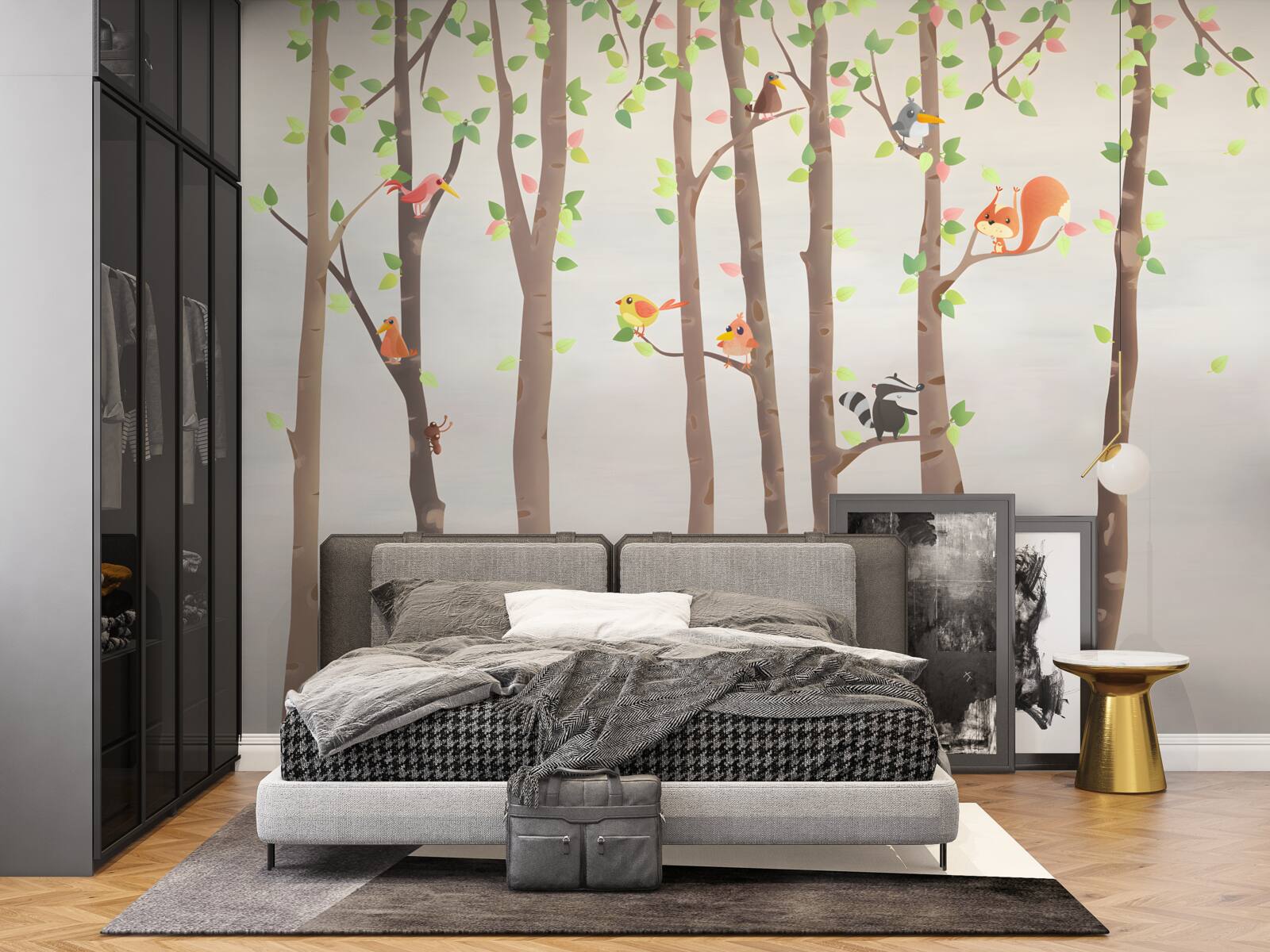 Fototapeta wysokie drzewa z mieszkańcami lasu