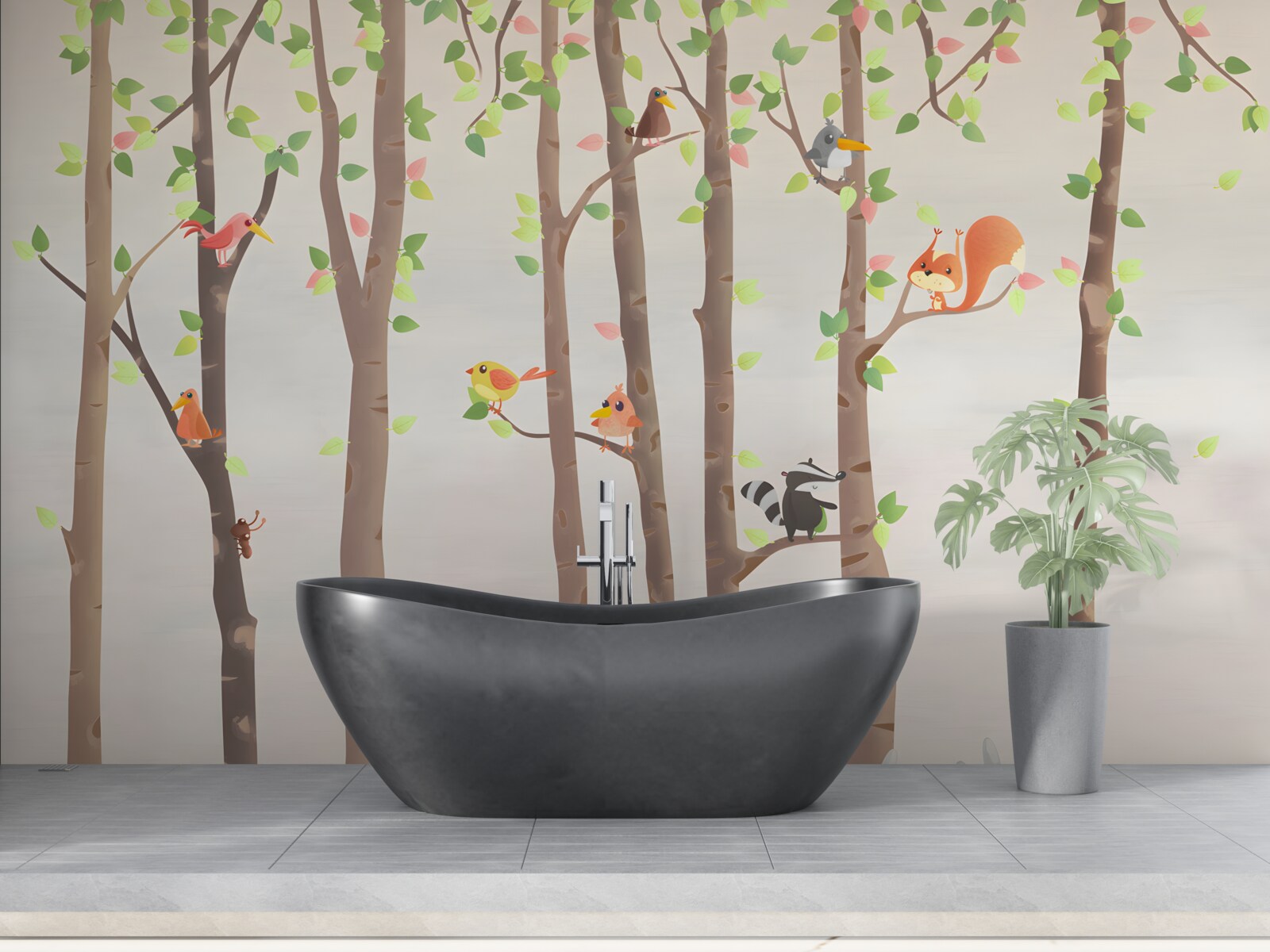 Fototapeta wysokie drzewa z mieszkańcami lasu