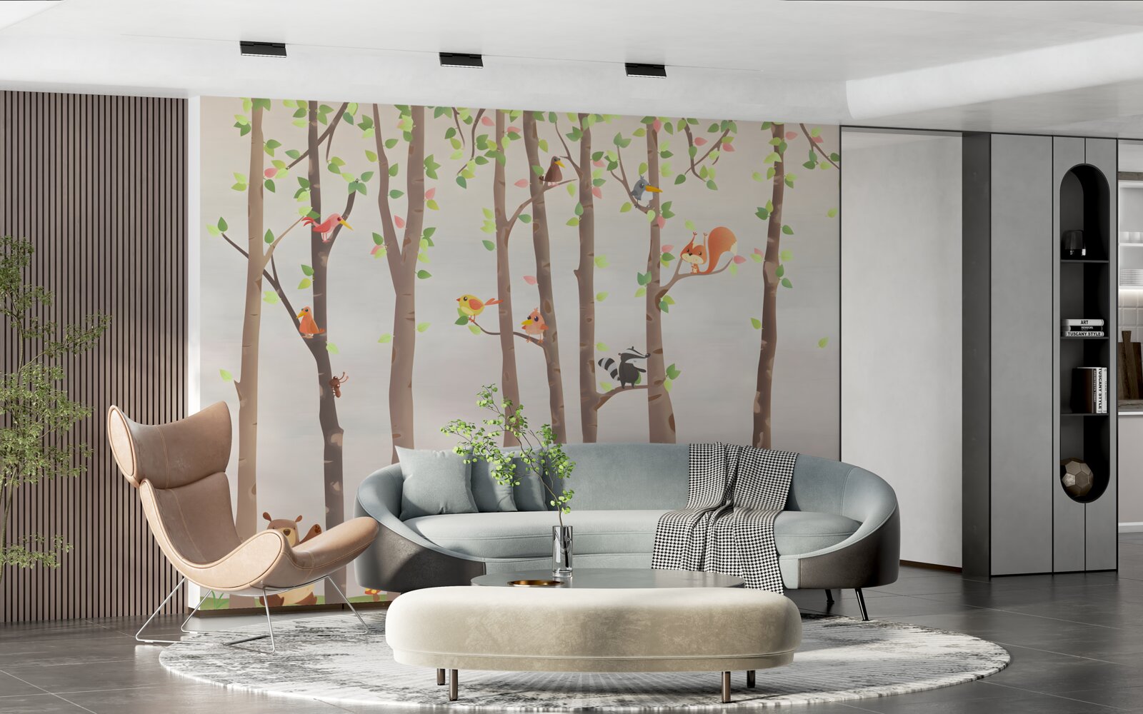 Fototapeta wysokie drzewa z mieszkańcami lasu