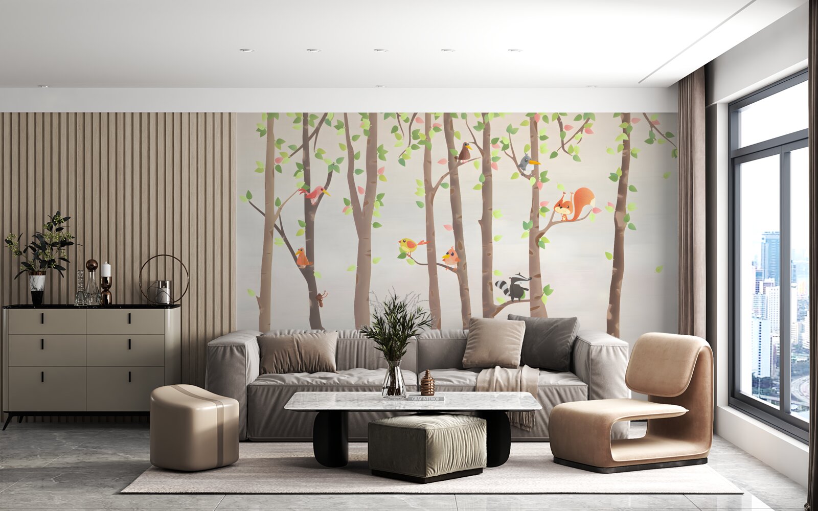 Fototapeta wysokie drzewa z mieszkańcami lasu