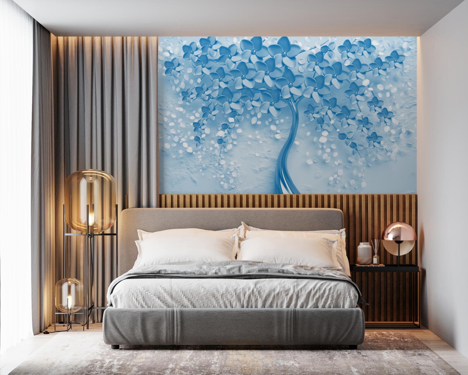 Fototapeta rozległe niebieskie drzewo z kwiatami