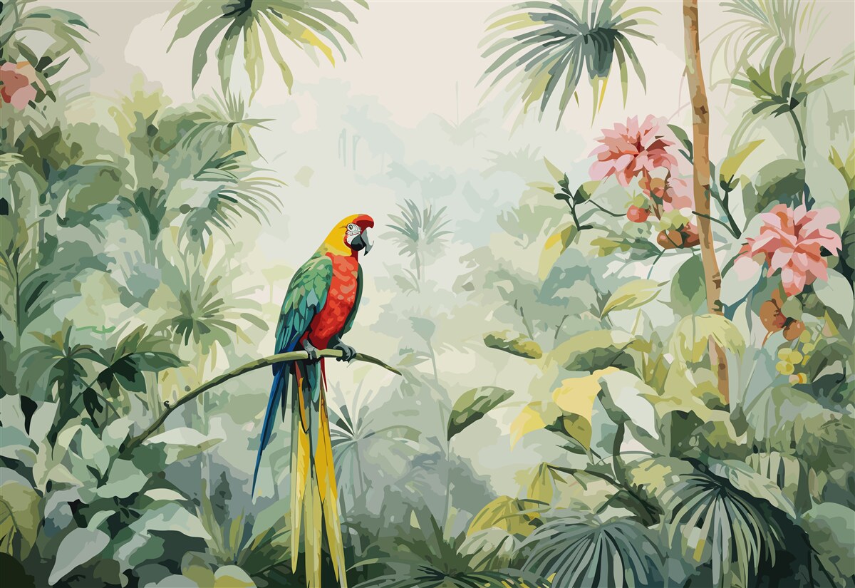 Fototapeta bujne szmaragdowe zarośla i papuga