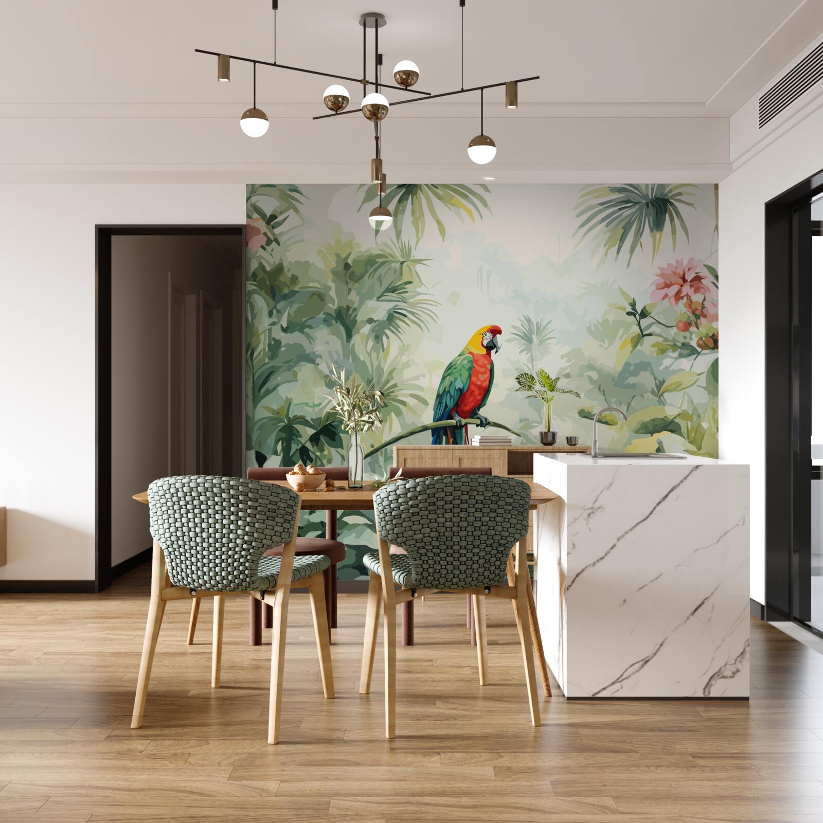 Fototapeta bujne szmaragdowe zarośla i papuga