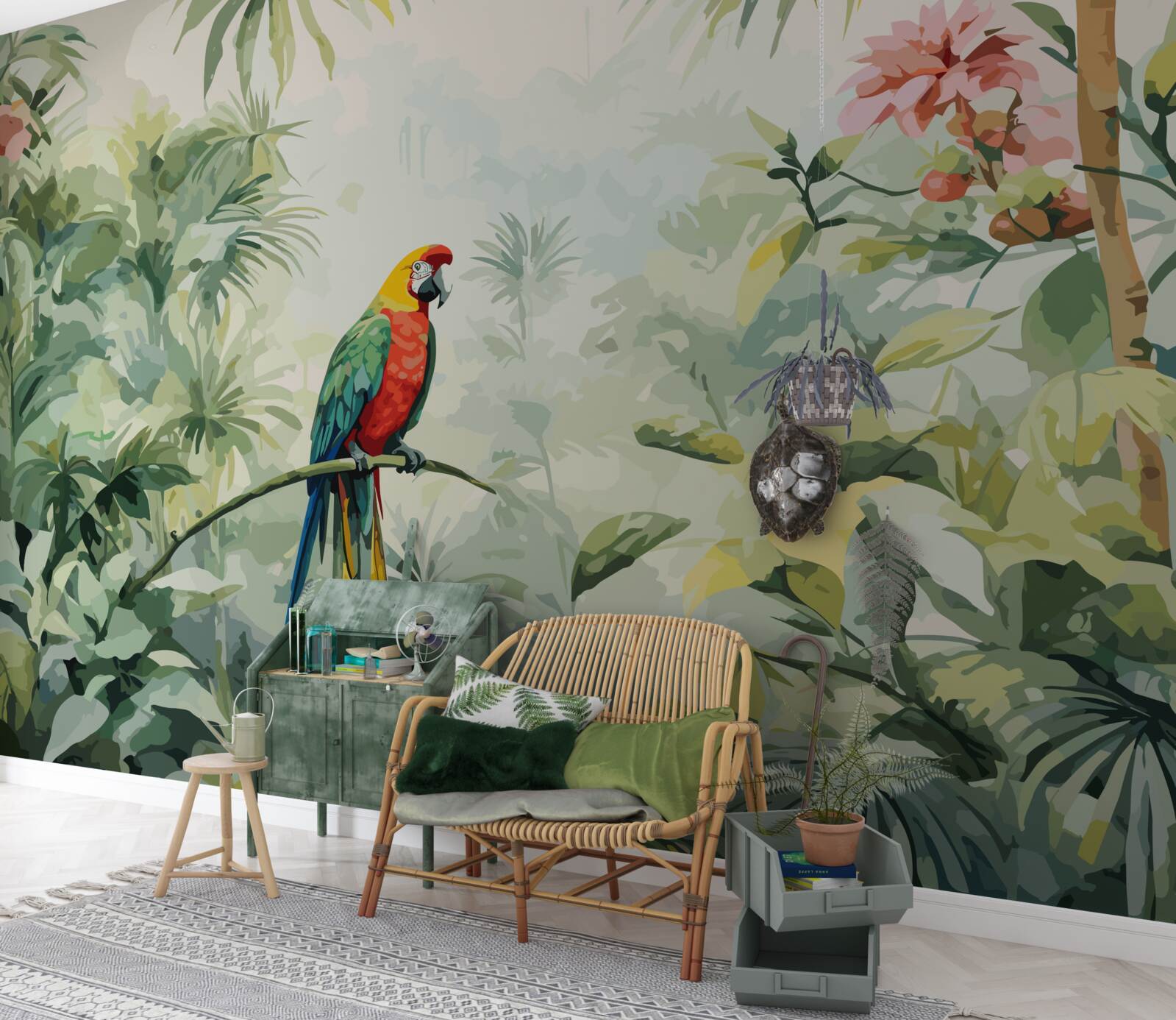 Fototapeta bujne szmaragdowe zarośla i papuga