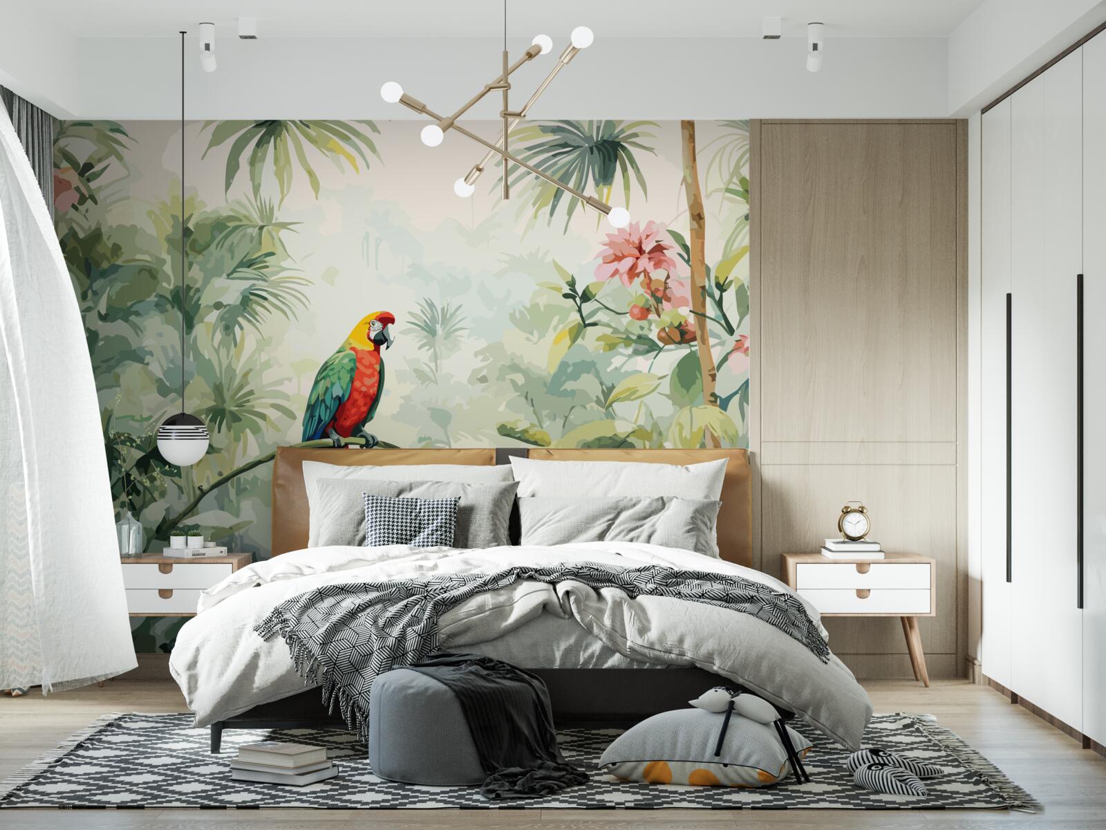 Fototapeta bujne szmaragdowe zarośla i papuga