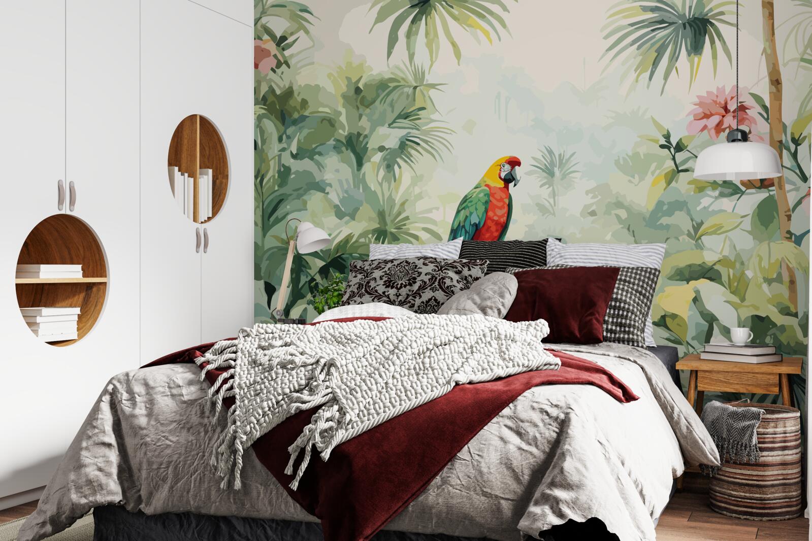 Fototapeta bujne szmaragdowe zarośla i papuga